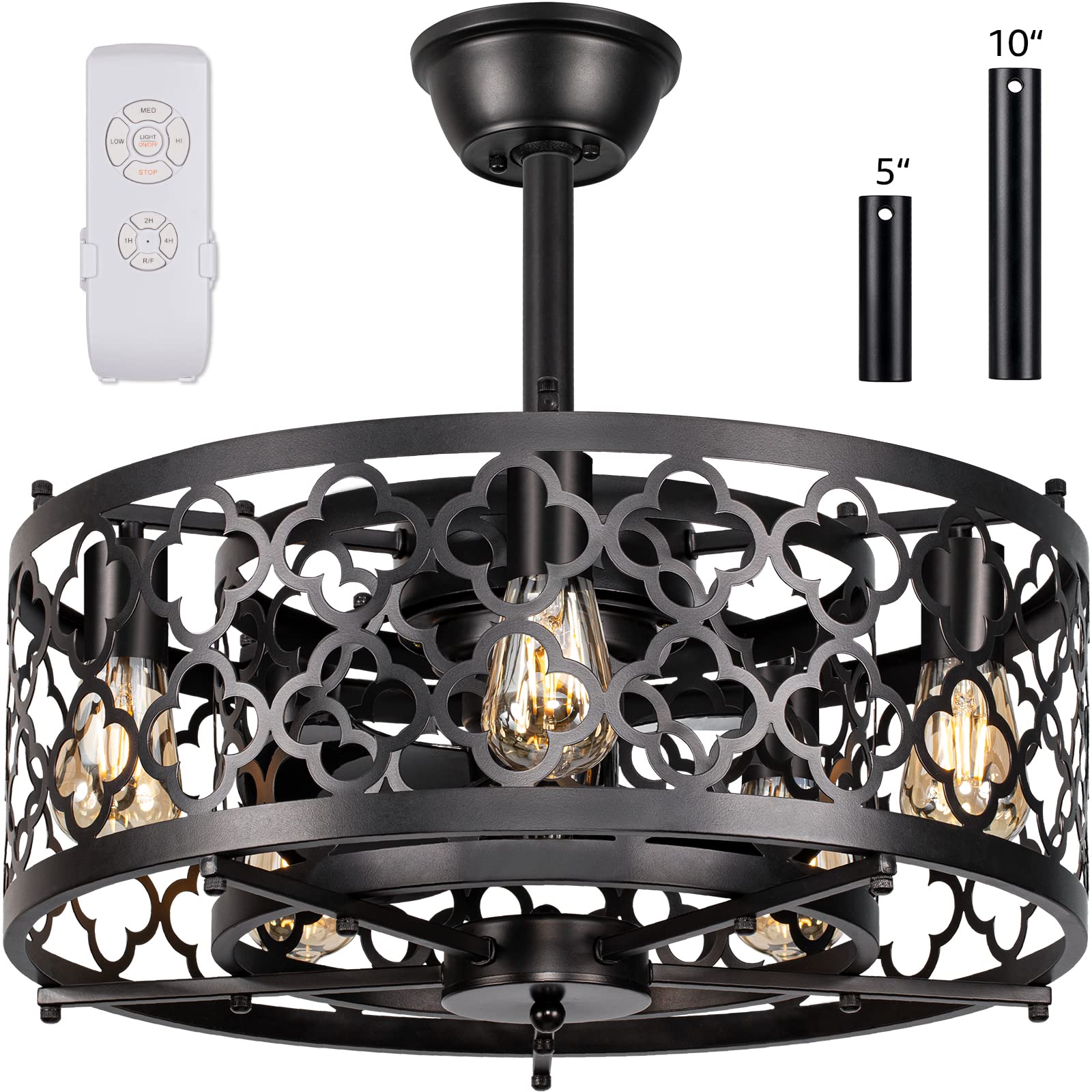 **SUNVIE 21-inch Caged Ceiling Fan with Lights & Remote Control - Industrial Bladeless Enclosed Ceiling Fan with Reversible Motor, 5 E26 Base (No Bulb Included) - Perfect for Bedroom, Kitchen, Living Room, Office & Patio**
