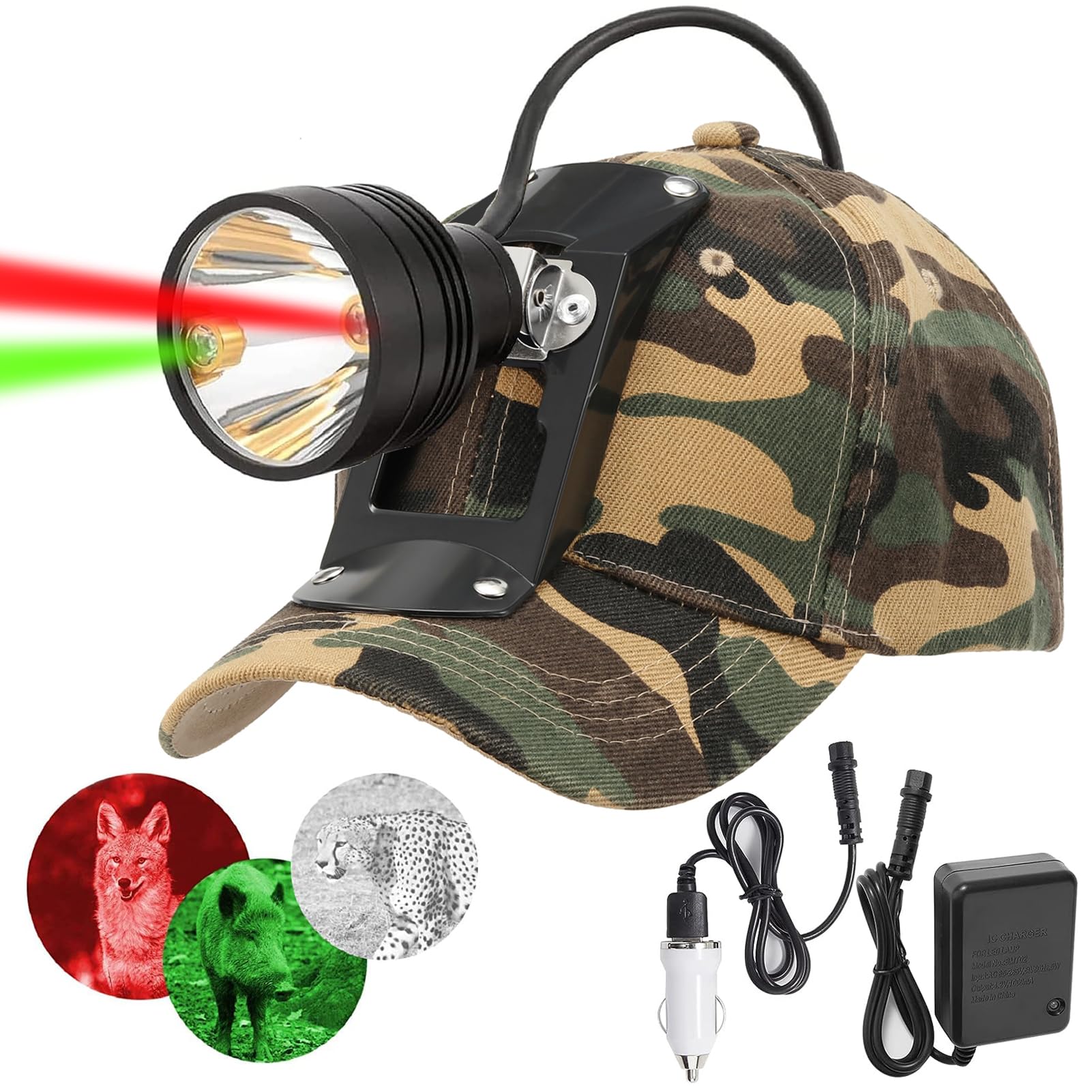 Rechargeable LED Hunting Headlamp - 80,000 LUX Super Bright Coyote Hog Coon Light with Red/White/Green LEDs, Waterproof & Camo Cap, 7-Position Switch - Perfect for Night Hunting, Predator Control, and Outdoor Adventures