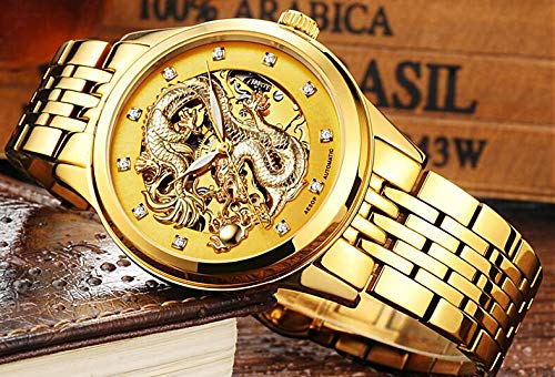 3D Golden Dragon Hollow Automatic Watch for Men - Waterproof Luxury Wristwatch with Diamond Hour Markers | Perfect for Business, Gifts & Formal Occasions