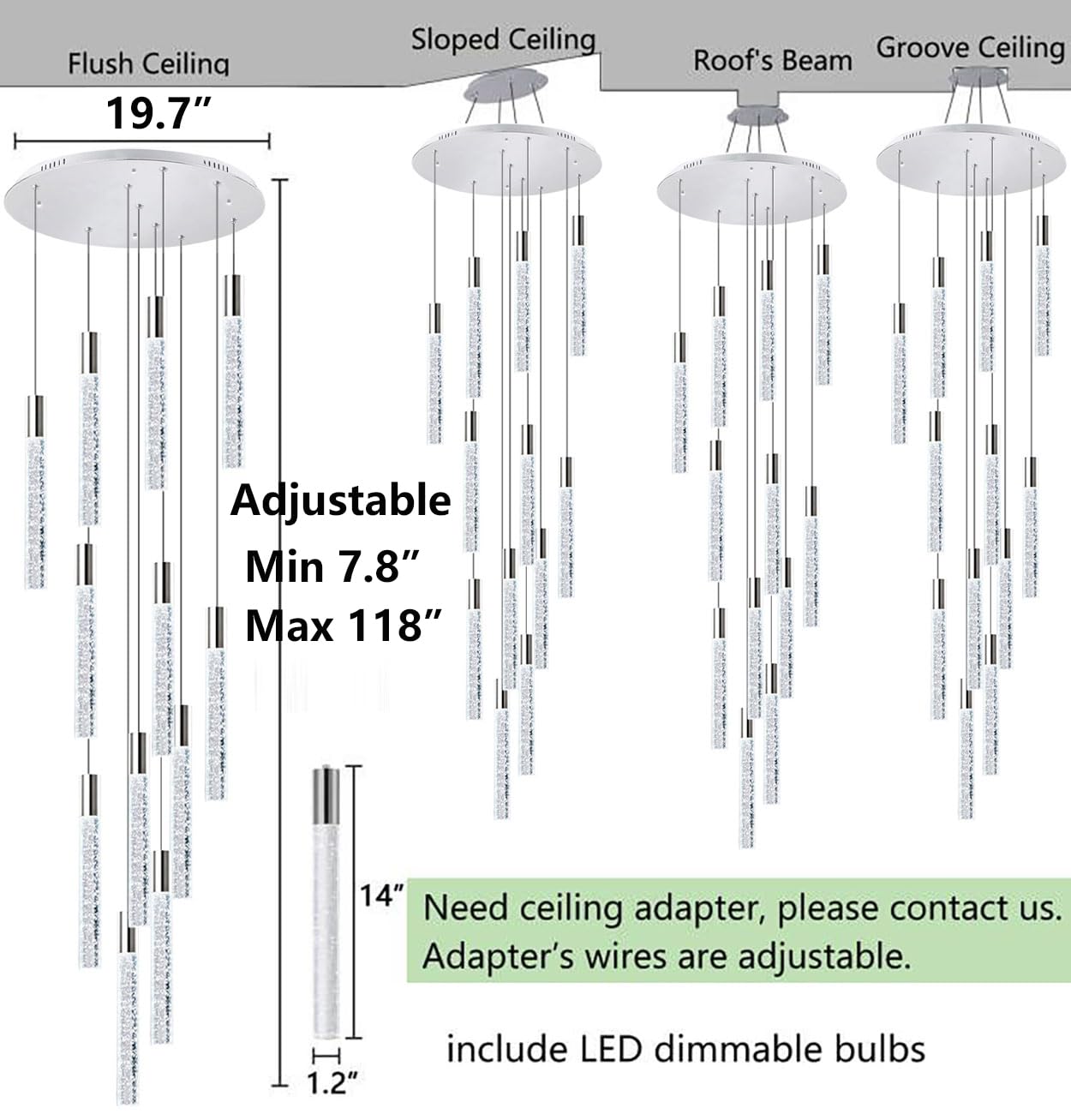118 Inch Long Light Glam Chandelier - Bubble Crystal Linear Ceiling Pendant with Remote Control & Dimmable LED - Adjustable High Ceiling Light Fixture (12-Lights, Silver) - Perfect for Dining Rooms, Living Rooms, and Grand Entryways