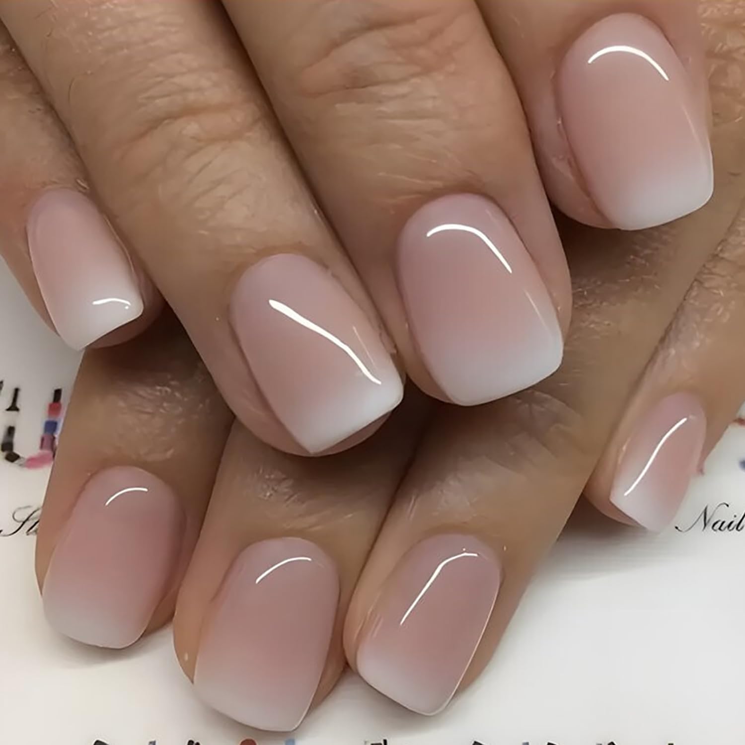 24Pcs Short Press on Nails - Pink Gradient & White French Tip Fake Nails, Square Acrylic Full Cover Stick on Nails, Reusable Manicure Kit for Women & Girls | Perfect for Parties, Weddings, Daily Wear & Nail Art Designs