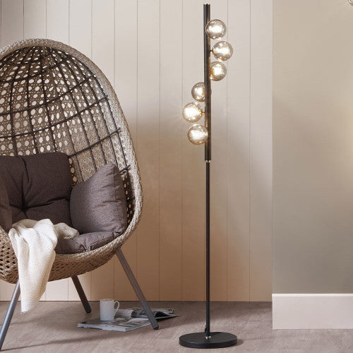 Modern Blair Smoke Glass Ball & Black Metal Floor Lamp - Elegant Home Decor for Living Room, Bedroom, or Office Lighting