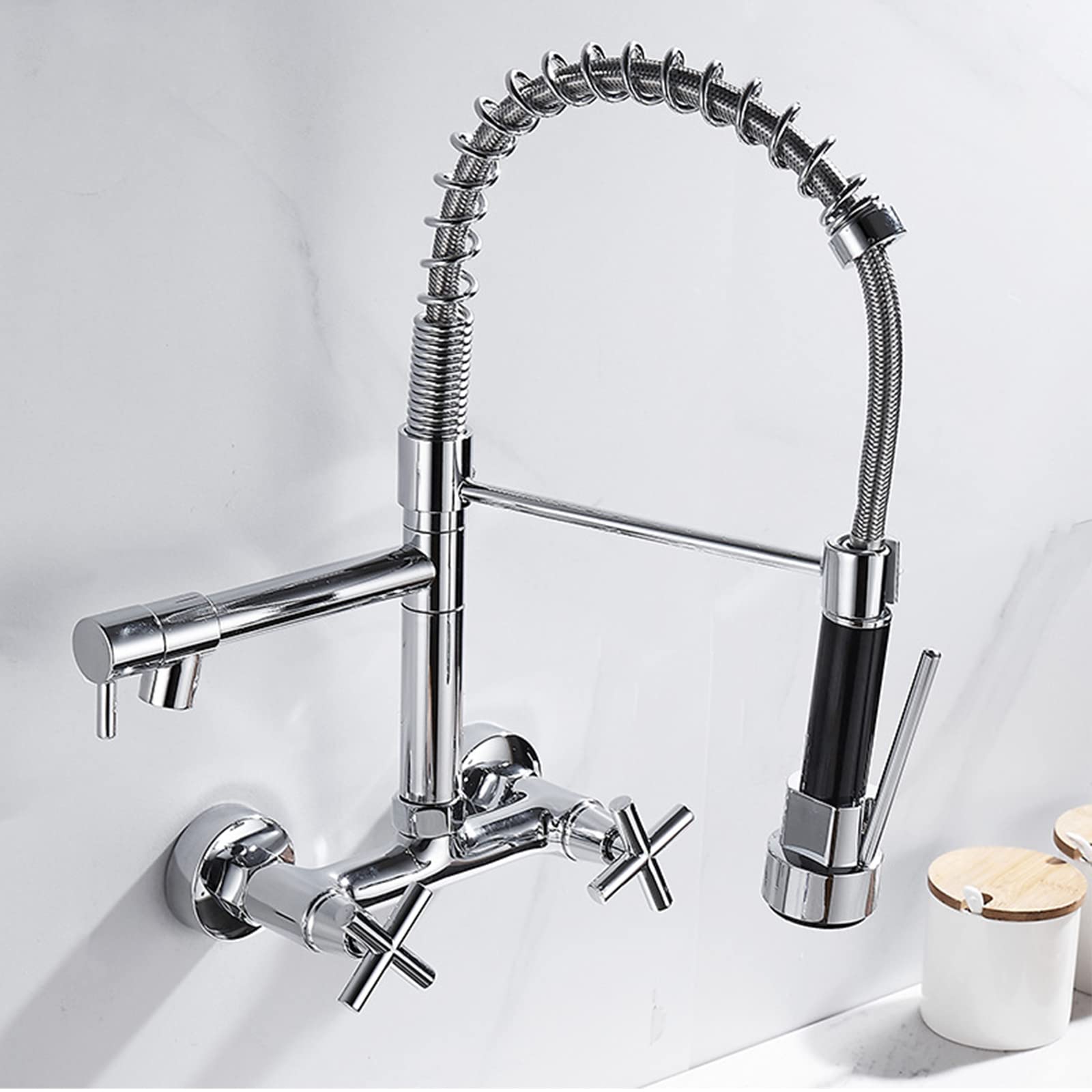 Stainless Steel Kitchen Faucet with Pull Down Sprayer - Dual Holes Wall Mount Spring Sink Faucet 360° Rotation Brass Double Cross Knobs for Hot & Cold Water Mixer Tap in Chrome - Perfect for Modern Kitchens & Restaurant Sinks