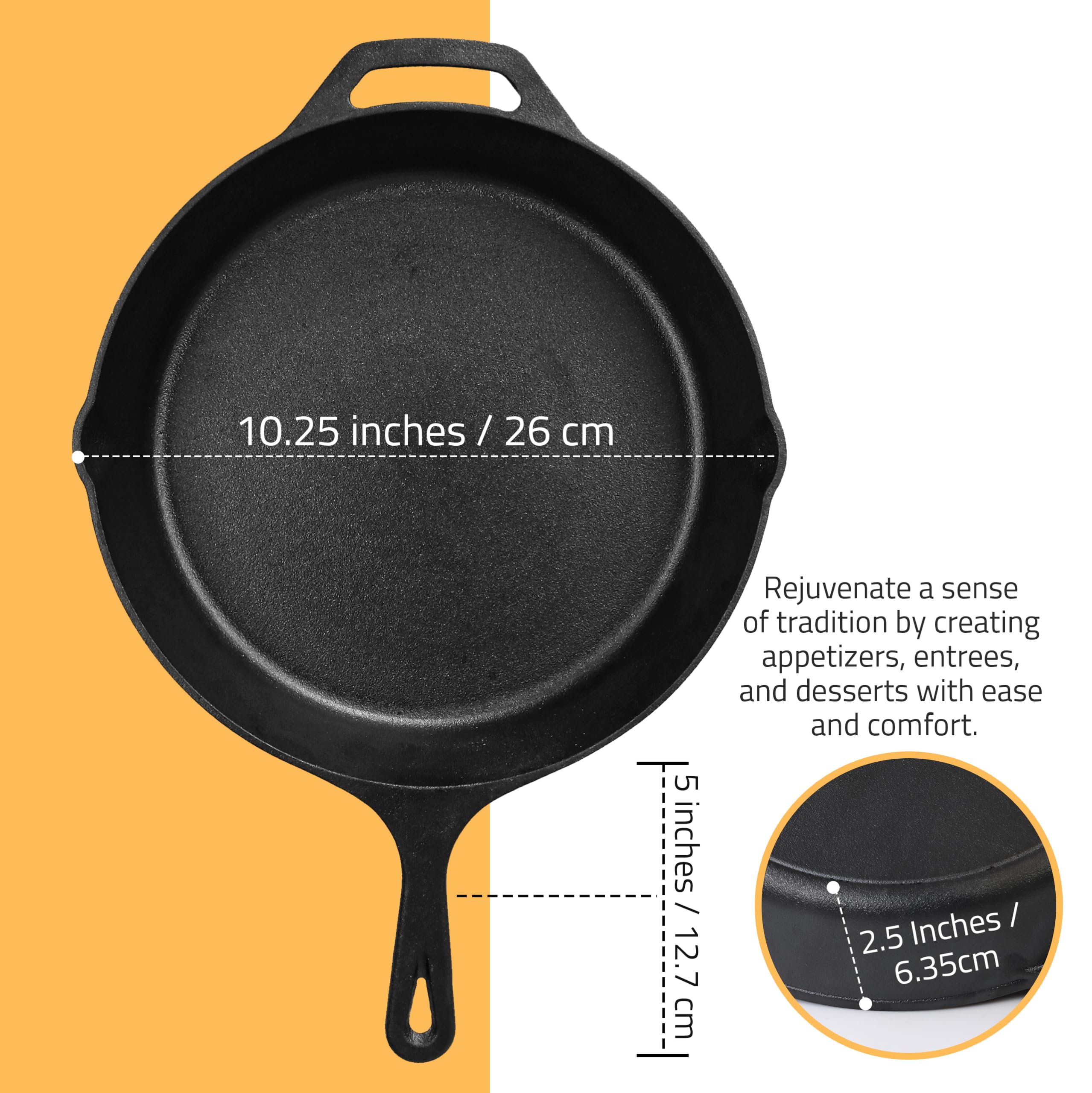 KICHLY 10.25 Inch Pre-Seasoned Cast Iron Skillet - Heavy Duty Frying Pan & Grill Cookware for Indoor/Outdoor Cooking - Perfect for Camping, BBQ & Stovetop Use