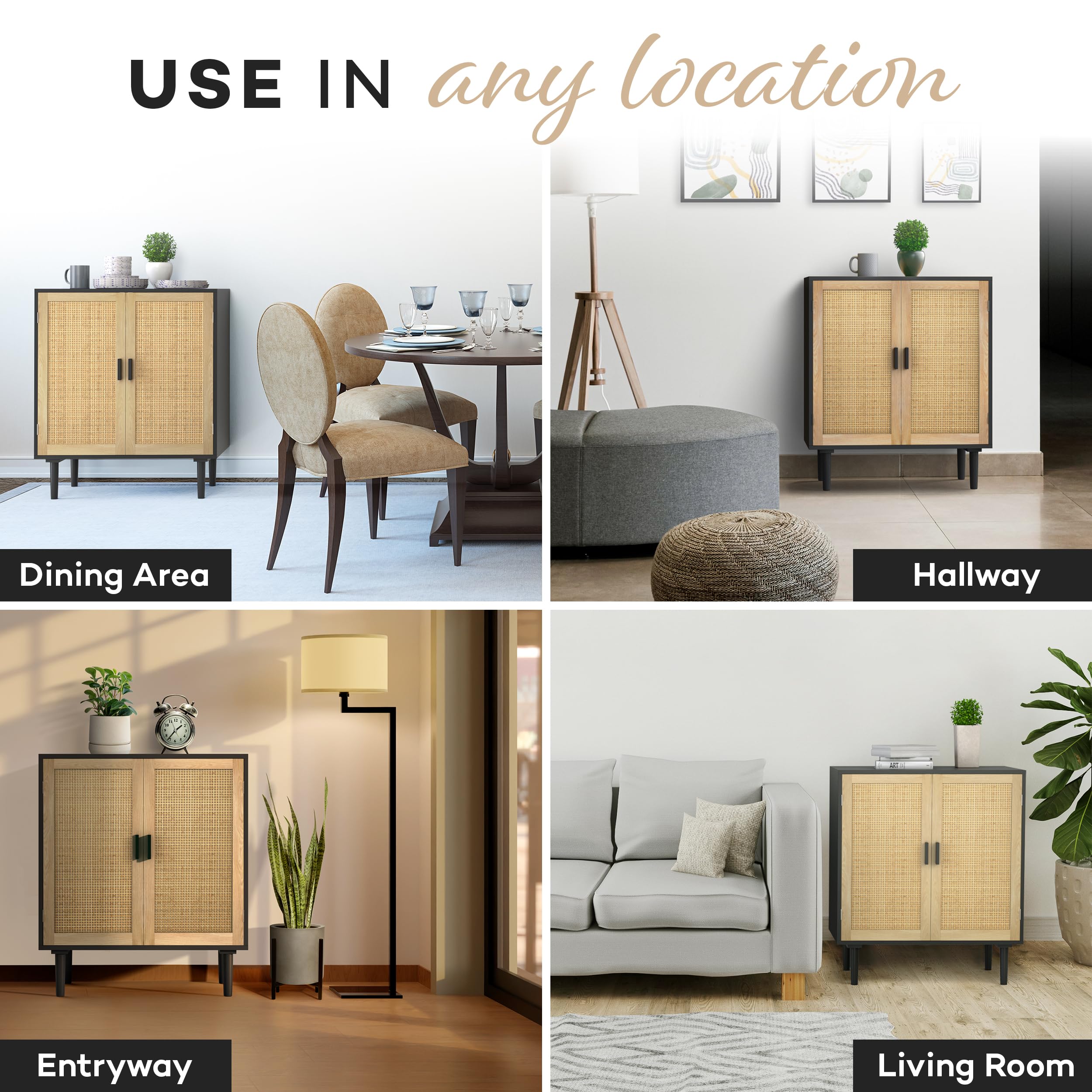 Rattan Sideboard Buffet Cabinet - Stylish Kitchen Storage Dresser with Rattan Doors, Cupboard Console Table for Living Room, Dining Room & TV Stand in Black - Perfect for Home Decor and Organizing Essentials