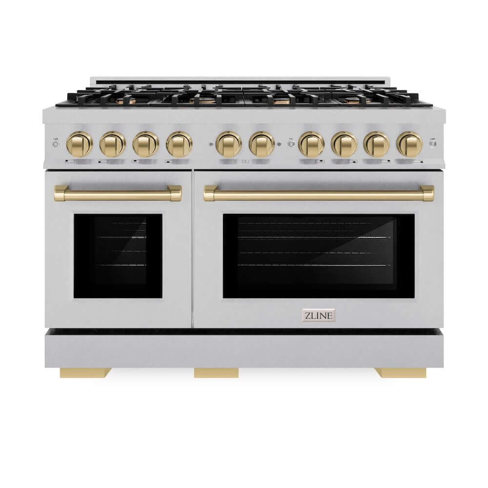 ZLINE Autograph Edition 48-inch 6.7 cu. ft. Dual Fuel Range with 8-Burner Gas Cooktop - Satin Stainless Steel & Champagne Bronze Accents (HDRSZ 48 CB) | Professional Kitchen Appliance for Home Chefs & Cooking Enthusiasts