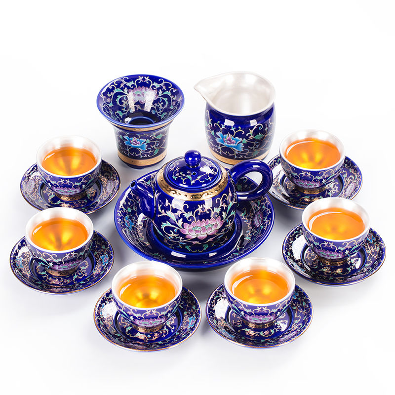 Premium Enamel Porcelain Tea Set with Inner Sterling Silver Lining - Elegant Tea Ceremony Set for Home, Office & Gifting
