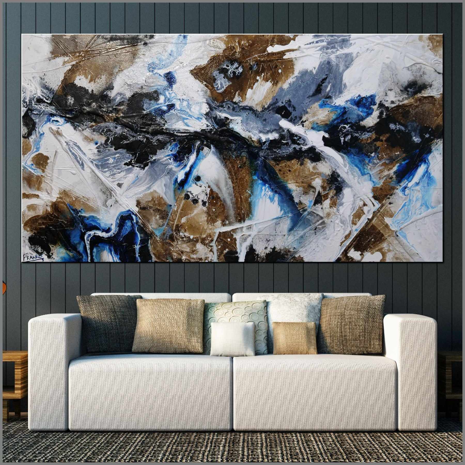 Blue Rust Textured Abstract Canvas Painting - 190cm x 100cm Modern Wall Art for Living Room, Bedroom & Office Decor | Handmade Contemporary Artwork