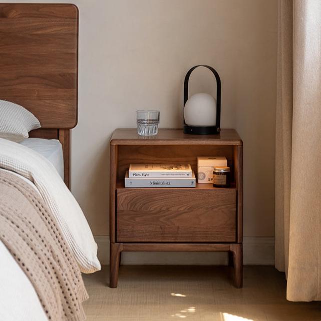 Premium Black Walnut & Ash Solid Wood Nightstand with Built-in Light - Modern Bedside Table for Bedroom Decor & Small Space Storage
