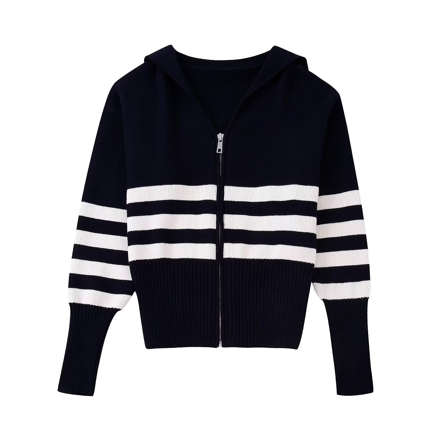 Women's Striped Knitted Jacket with Zipper Lapel - Cozy Autumn Winter Sweater 1483 | Perfect for Casual Outfits, Office Wear & Outdoor Activities