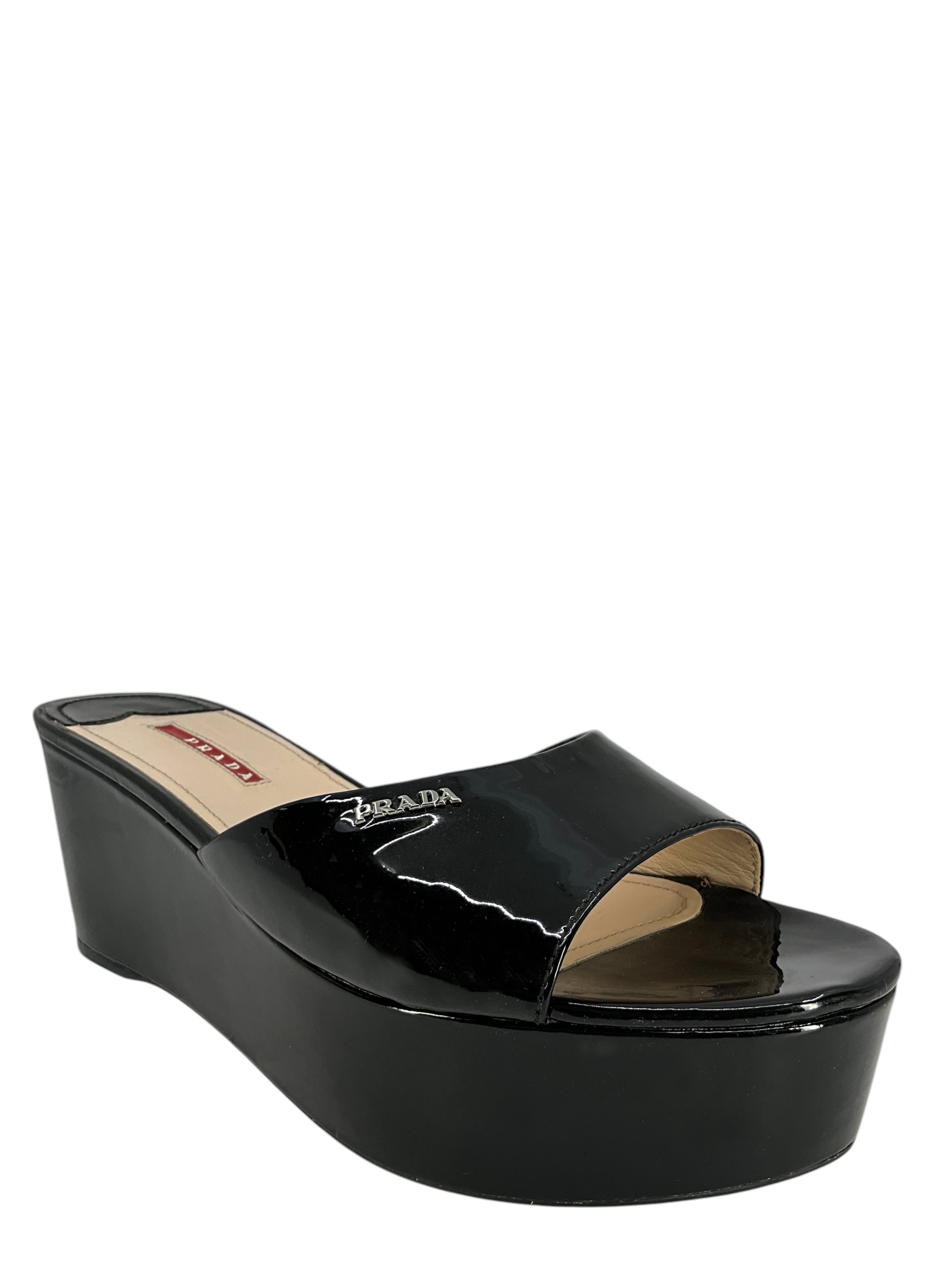 Prada Black Patent Leather Platform Sandals Women's Size 9.5 - Luxury High Heel Dress Shoes for Parties & Evening Events