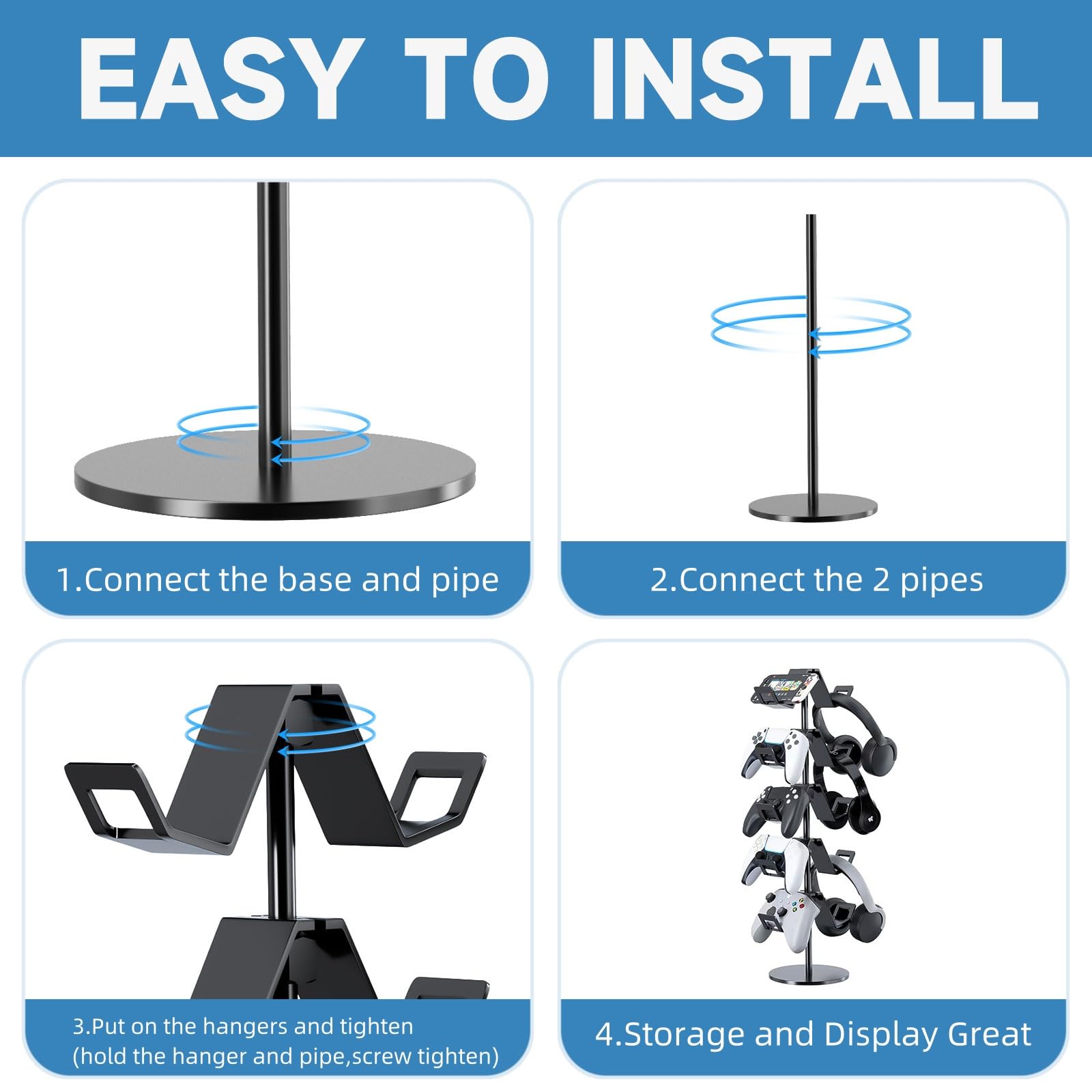 5-Tier Universal Controller Stand & Headphone Holder - Organize Gaming Headsets & Controllers - Durable Black Design for Gaming Setup & Desk Organization