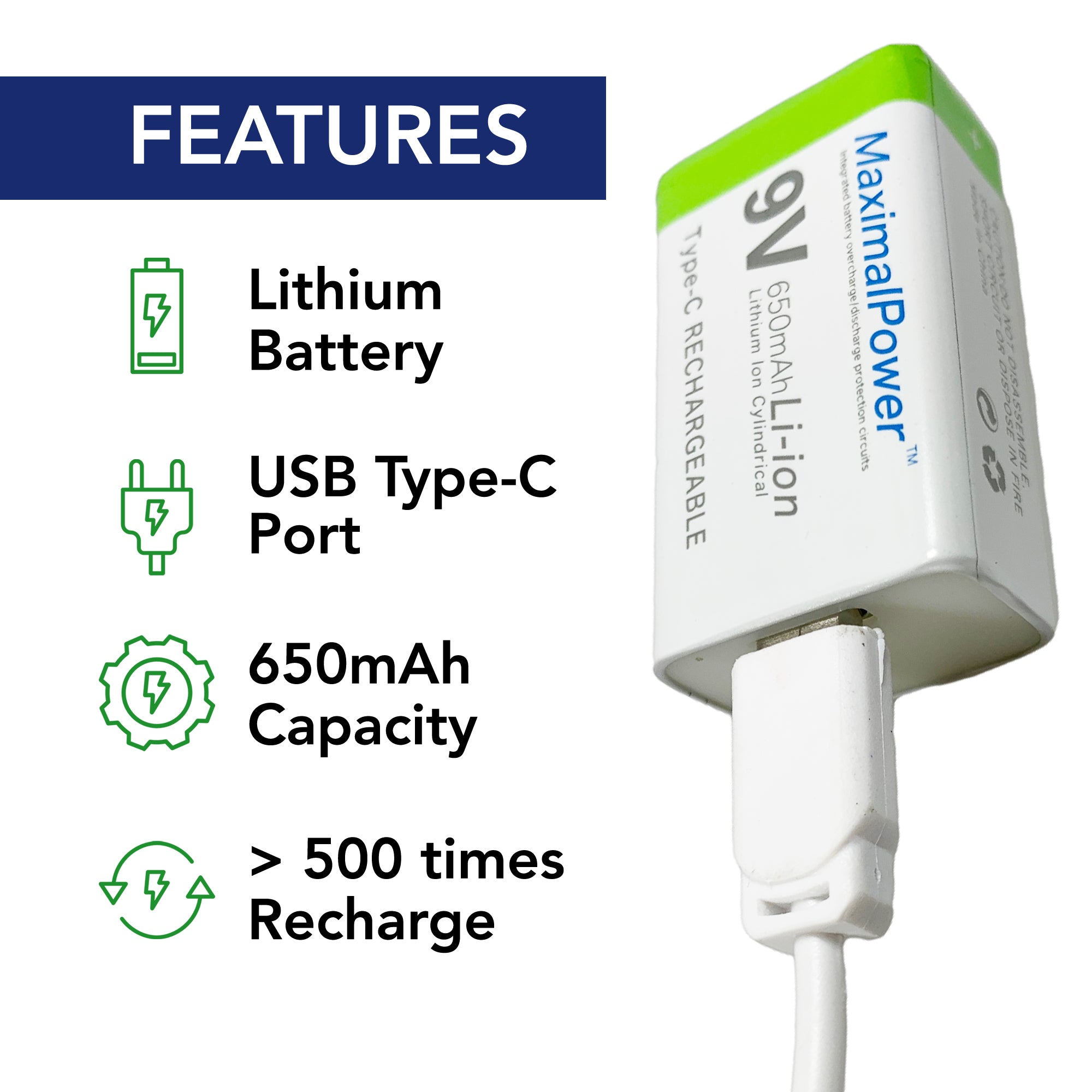9V 650mAh Rechargeable Lithium Ion Battery with USB Type C Cable - Power for Guitar Pedals, Smoke Detectors & Electronic Devices