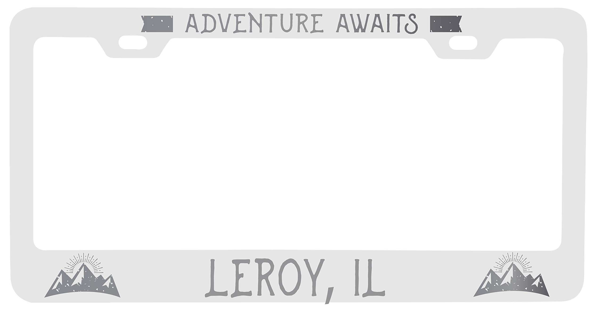 Leroy Illinois Laser Engraved Metal License Plate Frame - 'Adventures Awaits' Custom Design - Durable Car Accessory for Road Trips & Outdoor Enthusiasts