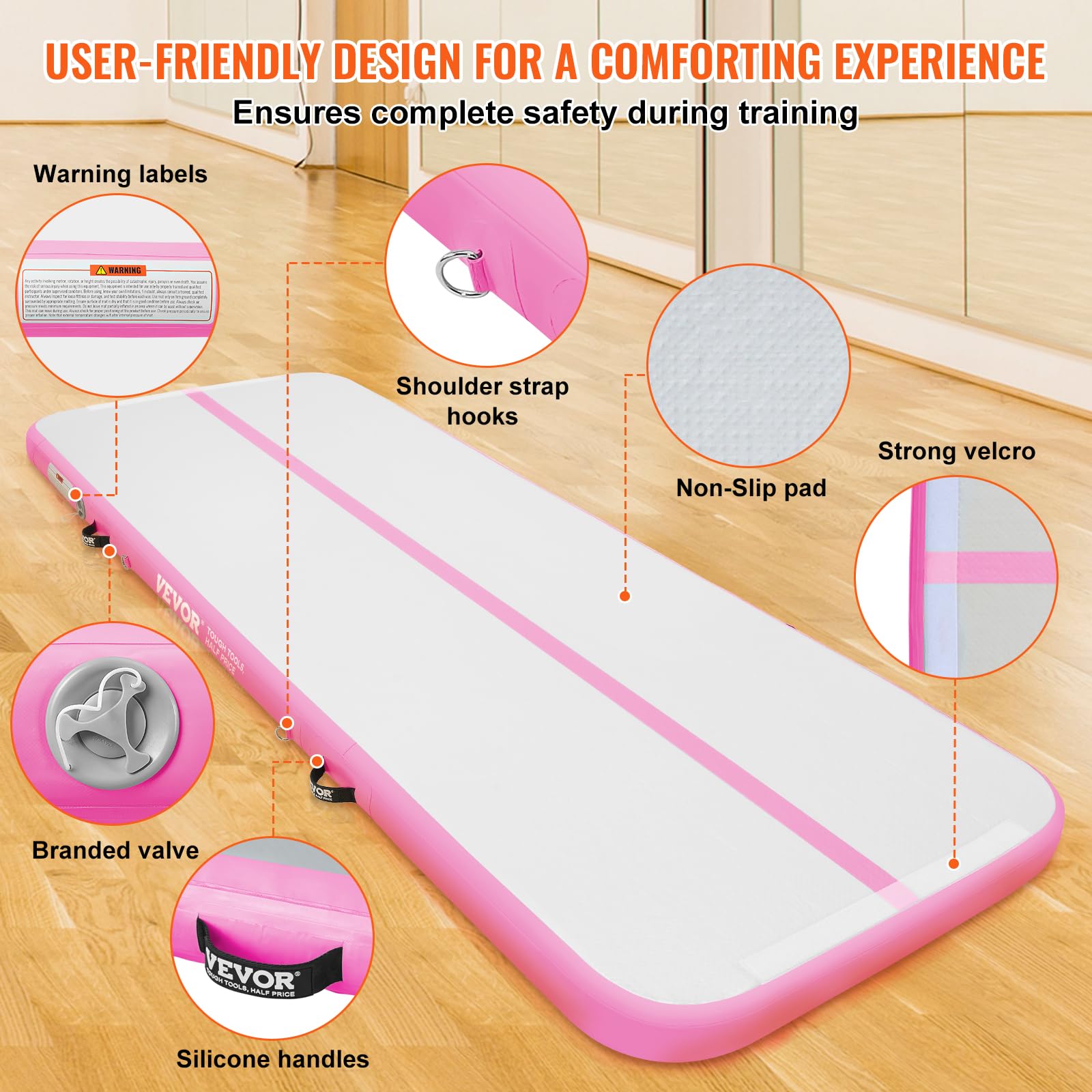 VEVOR Inflatable Gymnastics Air Mat with Electric Pump - Portable Training Mat for Home Gym, Yoga, Cheerleading | Perfect for Indoor Exercise, Outdoor Beach & Park Activities, Water Sports