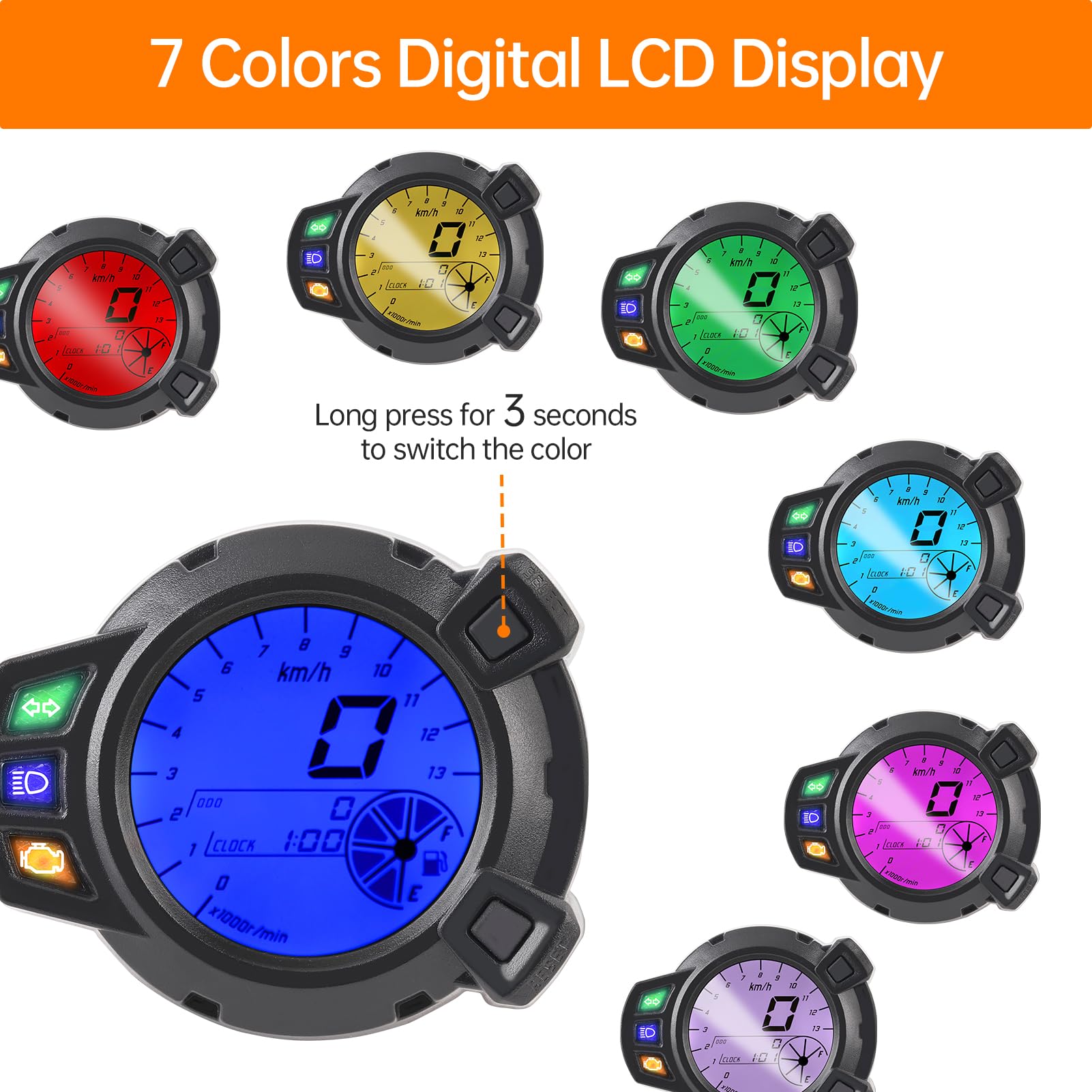 Universal Motorcycle LCD Speedometer & Tachometer - 7 Color Display for Riding
