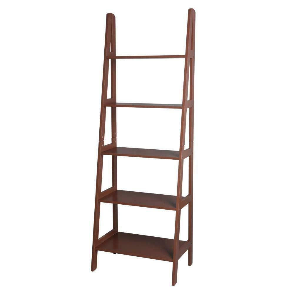 5-Tier Leaning Ladder Shelf - Rustic Brown Wooden Bookcase for Home & Office Storage - Space-Saving Bookshelf, Bathroom Shelves Unit, Blanket Ladder - Perfect for Living Room, Bedroom, Dorm Decor & Organization
