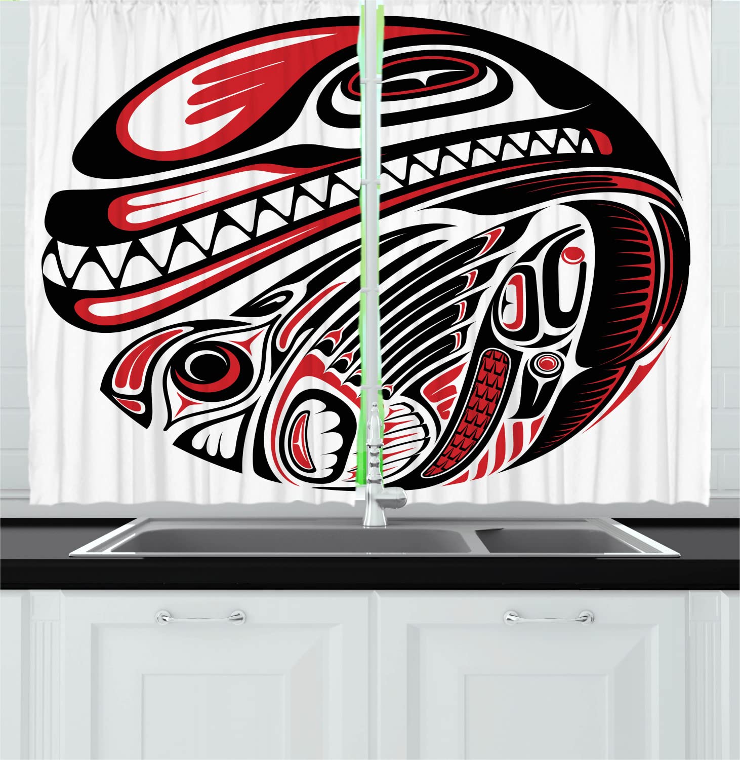 Ambesonne Tribal Long Kitchen Curtains - Haida Style Animal Print with Wild Eagle & Wolf Design, 55