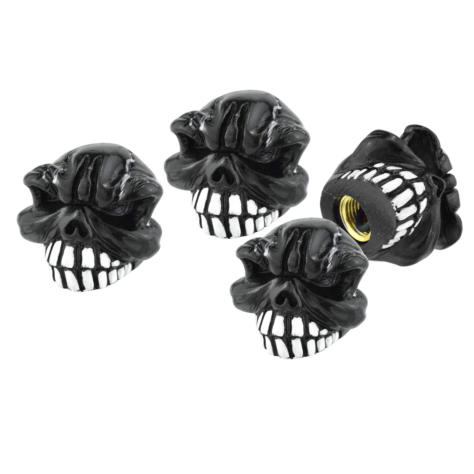 Arenbel Skull Valve Stem Caps 4 Pack - Black Metal Tire Valve Covers for Cars, SUVs, Trucks, Motorcycles & Bicycles - Durable Car Accessories for Customization & Off-Road Protection