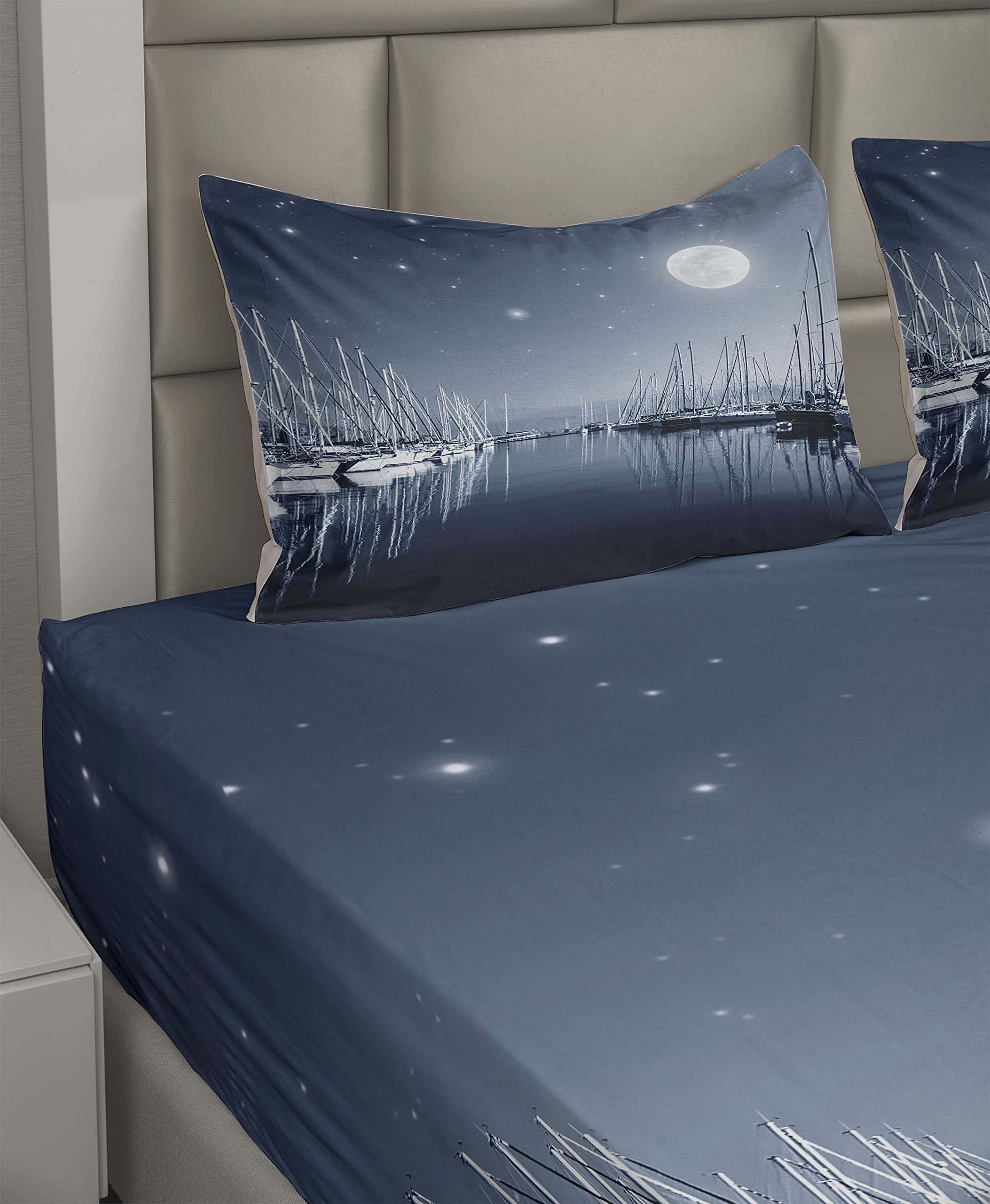 Ambesonne Boats Sheet Set - Tranquil Marina Night View with Stars & Full Moon, 4-Piece King Size Bedding Set (Fitted Sheet, Flat Sheet, 2 Pillowcases) in Slate Blue & White - Perfect for Coastal & Nautical Themed Bedrooms, Guest Rooms, or Vacation Homes