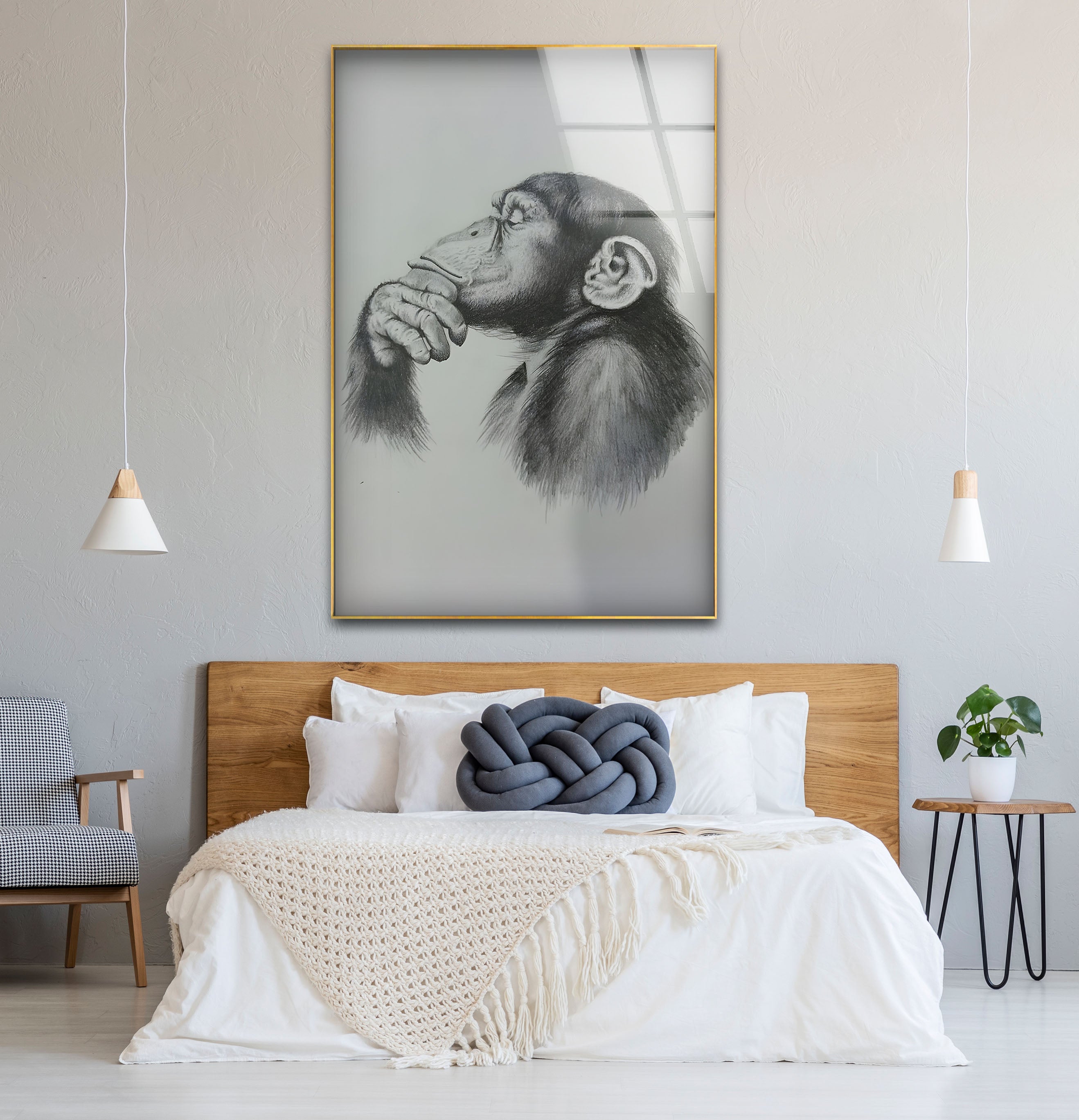 Black and White Monkey Drawing Glass Wall Art - Elegant Home Decor for Living Room, Bedroom, or Office