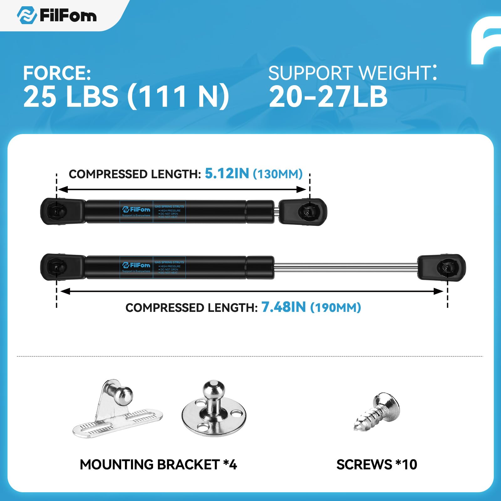 7.5 Inch Gas Struts 25Lb/111N Force - Heavy Duty Spring Lift Support for RV Cabinets, Truck Toolboxes, Boat Hatches & Storage Deck (Set of 2) | Durable Replacement for Sentry Safe, Toy Box & Cabinet Doors