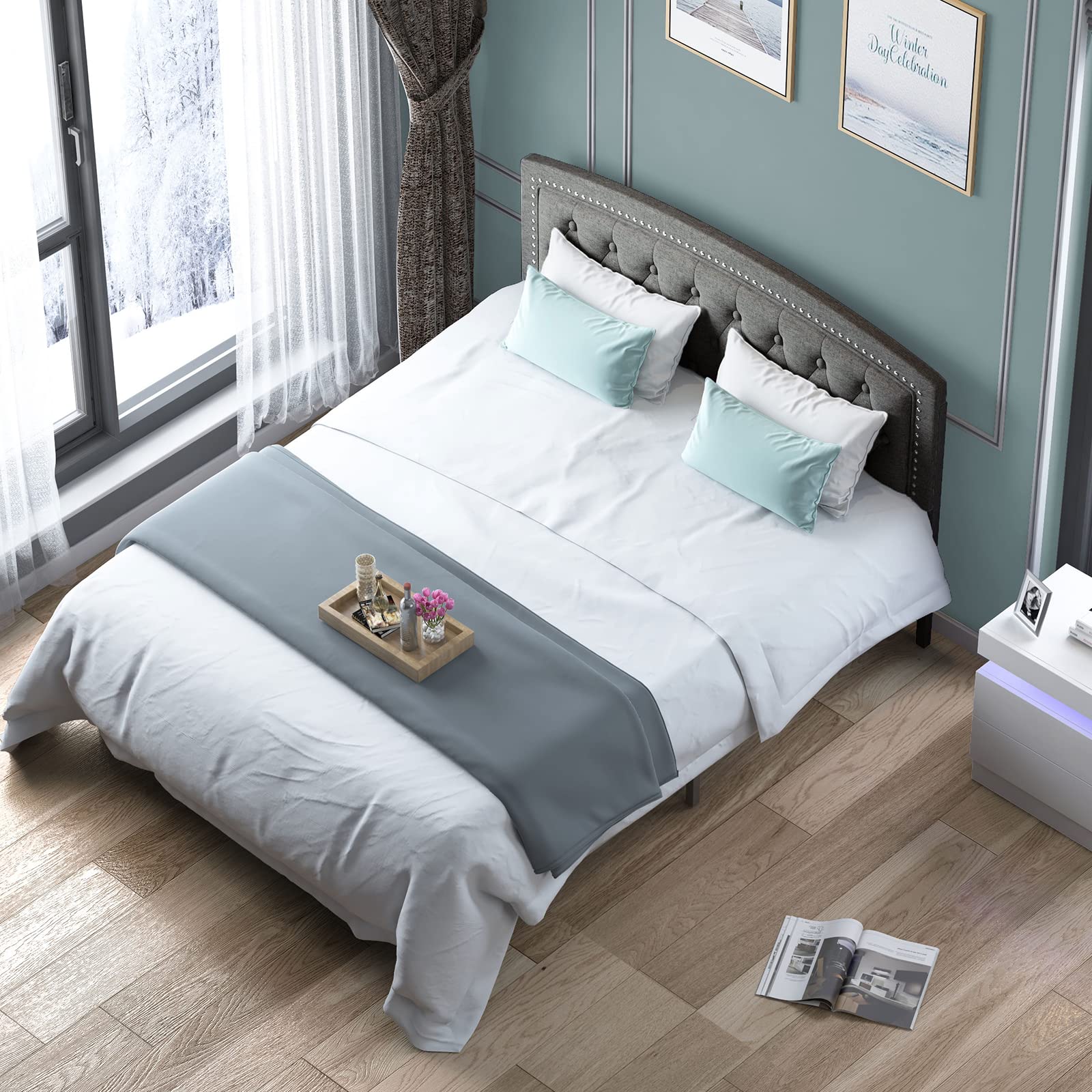 **Mjkone Full Size Bed Frame with Adjustable Headboard - Thin Velvet Upholstered Wood Platform Bed, Dark Grey - Perfect for Modern Bedrooms & Guest Rooms**