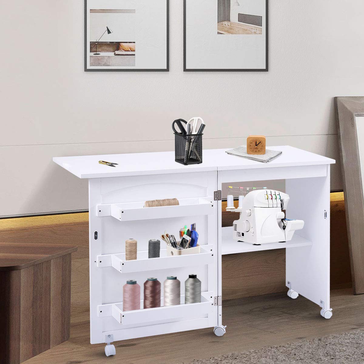 HOMGX Foldable Sewing Table with Storage Cabinet - Multifunctional Craft Table with Lockable Wheels & Shelves - Compact Space-Saving Design for Sewing, Quilting & DIY Projects (White, 16