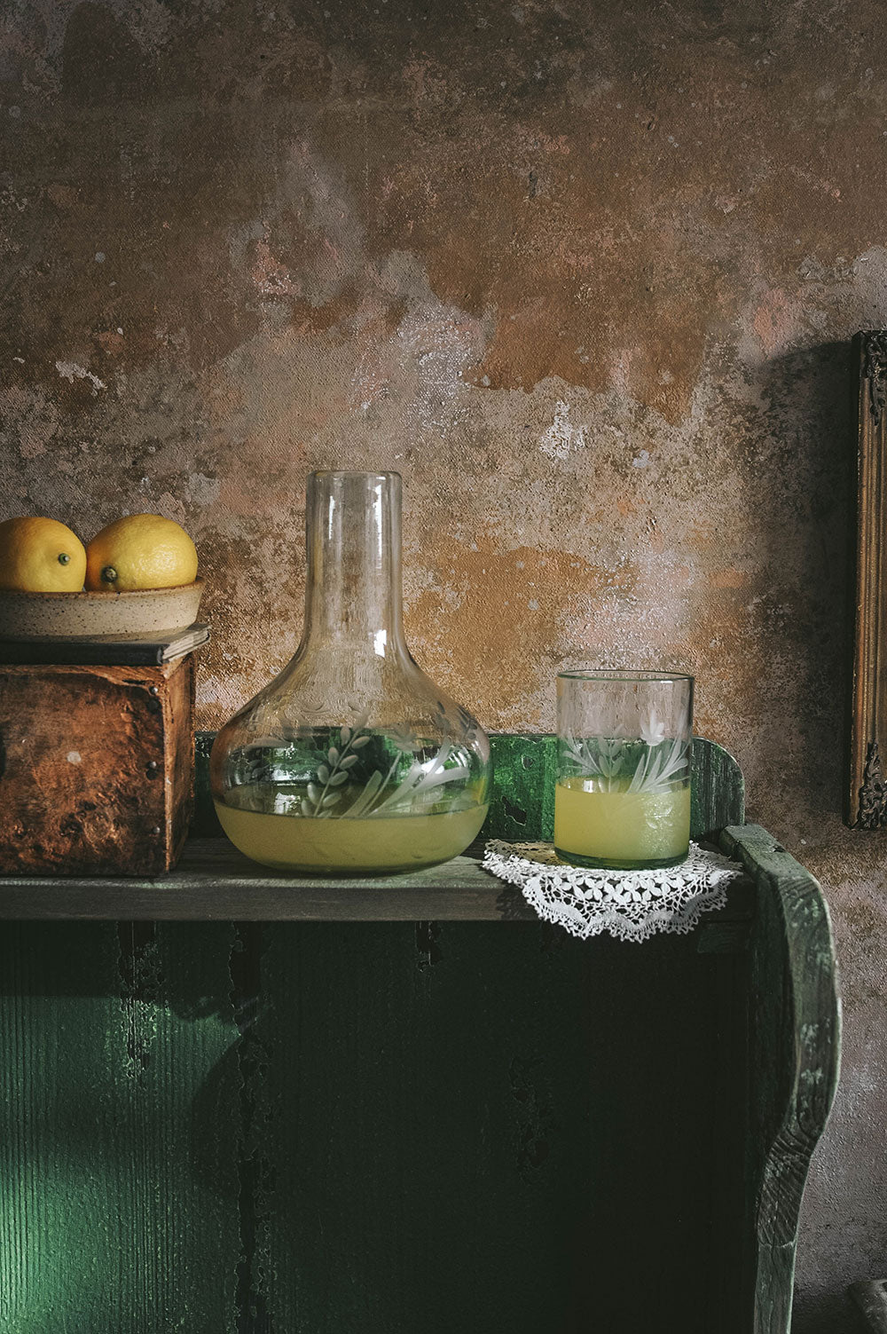 Eco-Friendly Recycled Glass Etched Carafe Set - 2 Piece Water Pitcher with Lid - Perfect for Iced Tea, Lemonade & Cocktails - Sustainable Home Bar & Kitchen Decor