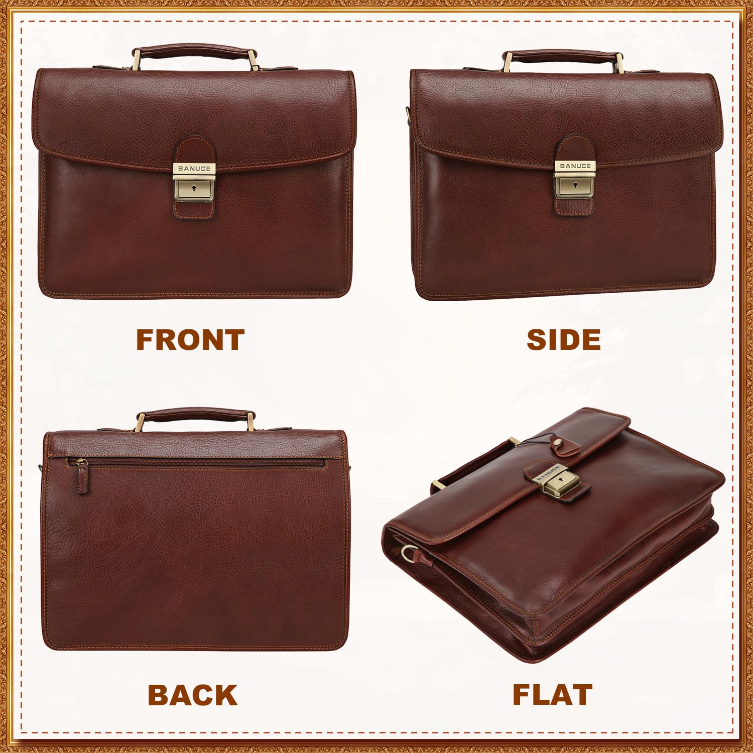 Premium Vintage Italian Leather Briefcase for Men - Slim Full Grain Leather Business Bag with Lock, Fits 14 Inch Laptop - Attache Case for Office & Travel (Brown)
