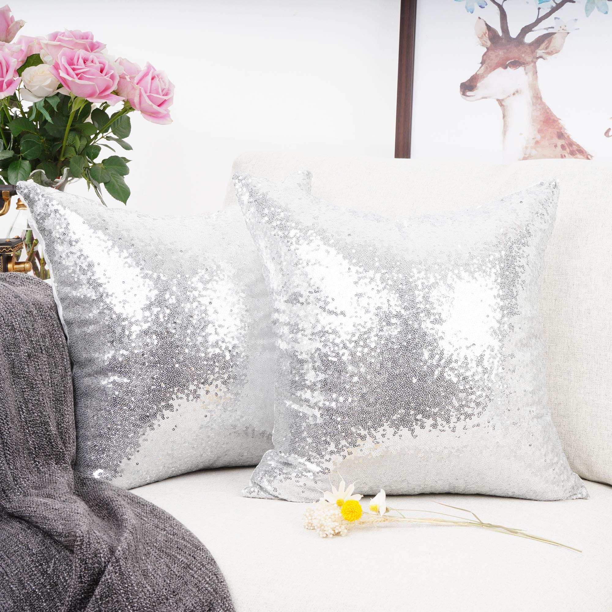 Luxury Silver Sequin & Satin Throw Pillow Cover Set of 2 - 18x18 Inch Glamorous Decorative Cushion Case for Wedding, Christmas, Home Decor, Sofa & Bedroom Accent