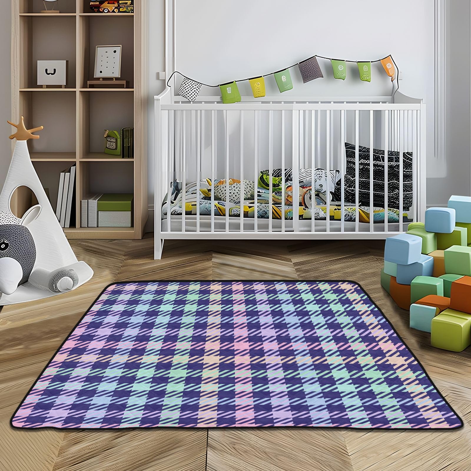 Pastel Rainbow Plaid Navy Baby Playmat - 50'' x 50'' Large Soft Crawling Mat for Infants & Toddlers | Waterproof, Breathable & Non-Slip | Perfect for Nursery, Playroom, Daycare & Outdoor Use