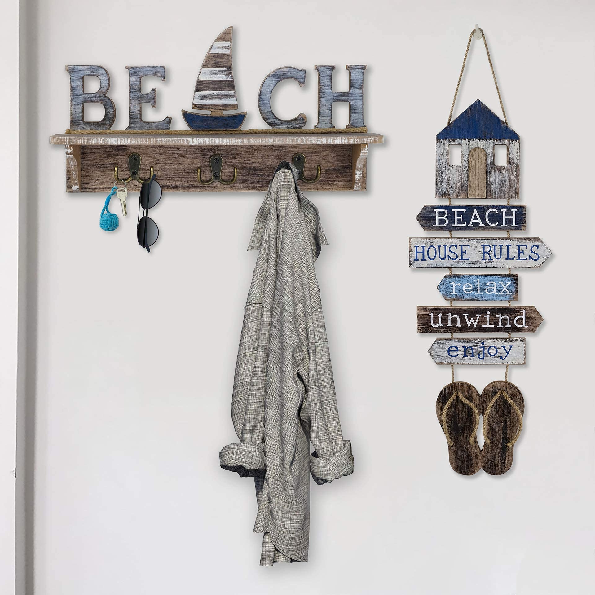 SAILINGSTORY Nautical Beach Wall Decor - Wooden Coat Rack with Shelf & Key Hooks | Perfect for Coastal Home Decor, Entryway Organization & Beach House Style