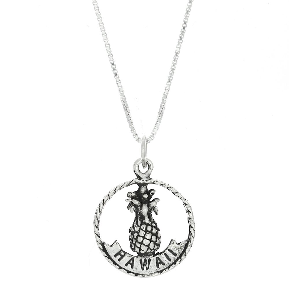 Sterling Silver Oxidized Double Sided Hawaiian Aloha Pineapple Charm Pendant with 18