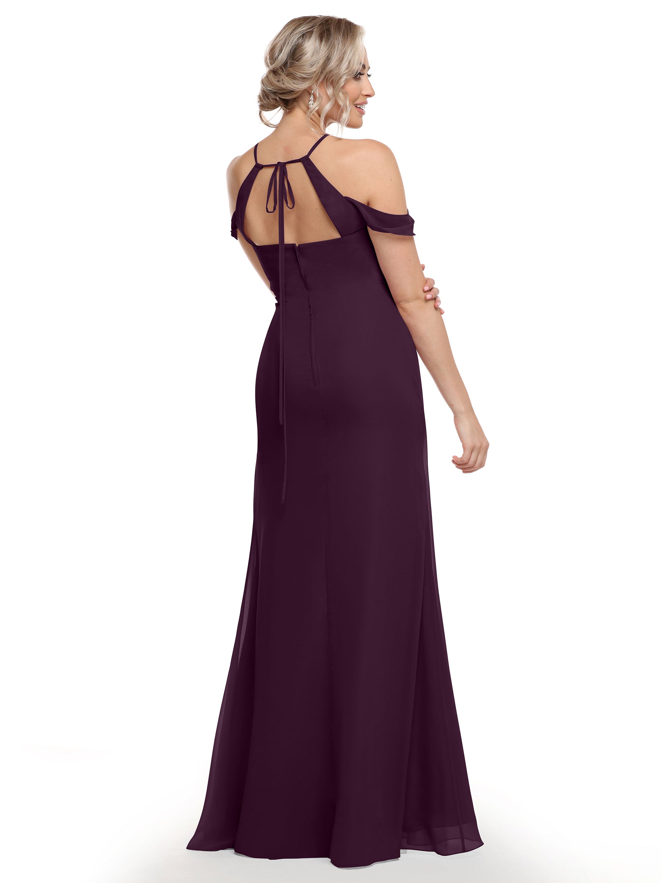 Elegant Off The Shoulder Chiffon Bridesmaid Dress with Halter Neckline - Perfect for Weddings, Formal Events & Special Occasions