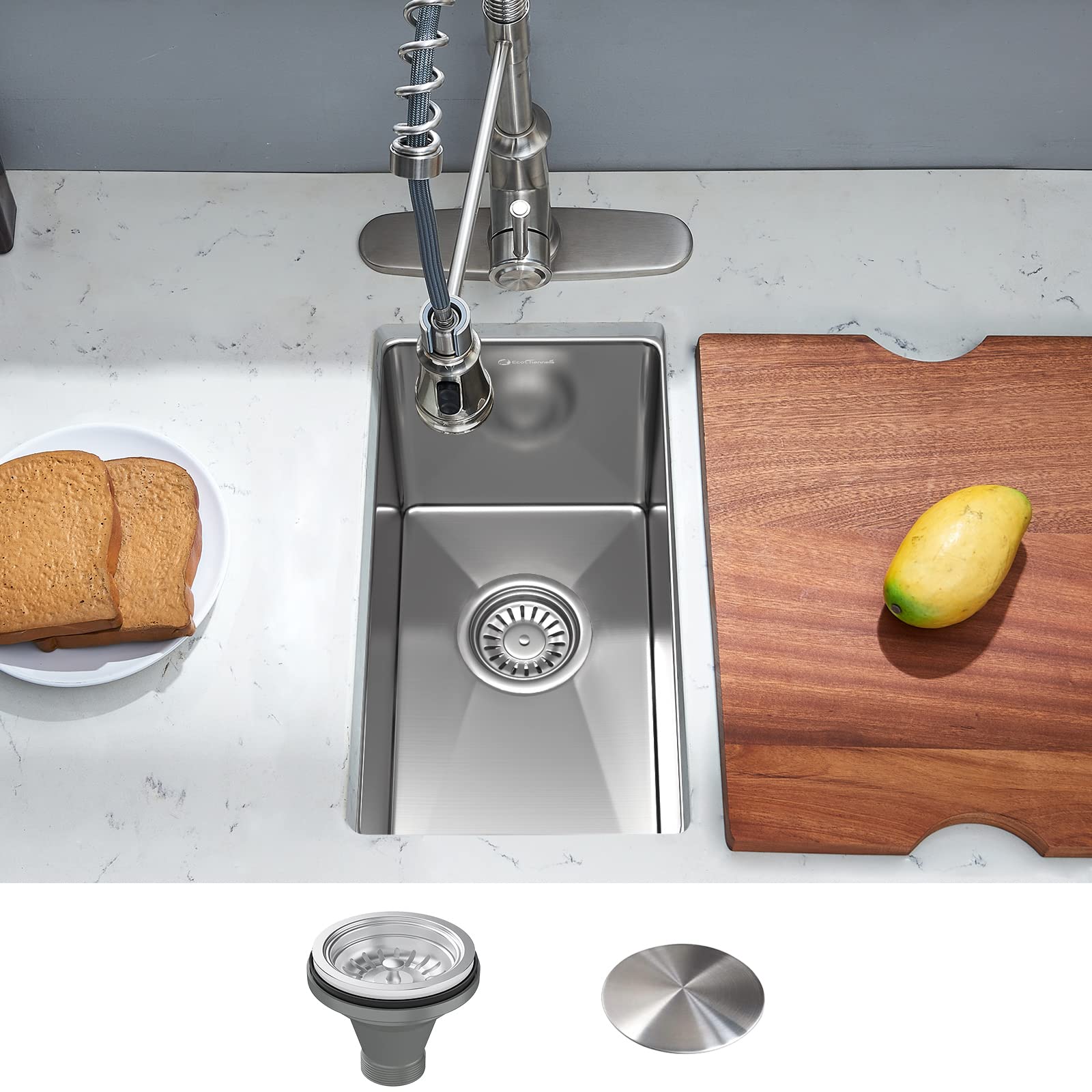 EcoChannels 16 Gauge Stainless Steel Undermount Kitchen Sink - 10 x 18 x 9 Inch Small Single Bowl Bar Prep Sink for Kitchen, Restaurant & RV - Durable & Rust-Resistant