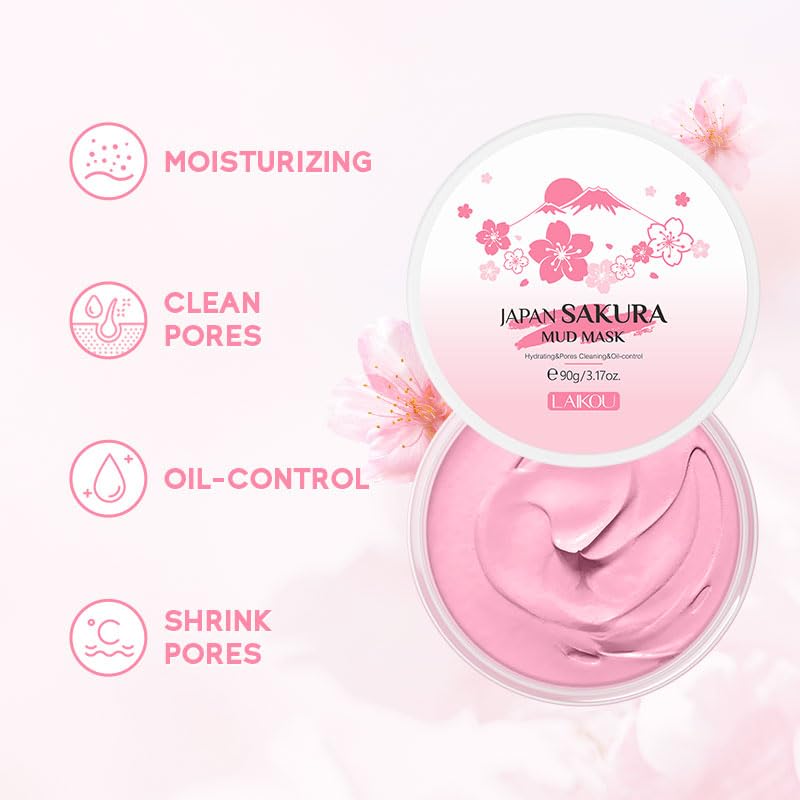 AKARY Sakura Clay Facial Mud Mask - Deep Cleanse & Pore Minimizer for Oily & Acne-Prone Skin | Natural Skin Care with Oil Control & Hydration | Reduces Fine Lines | Perfect for Spa Night & Self-Care Routine