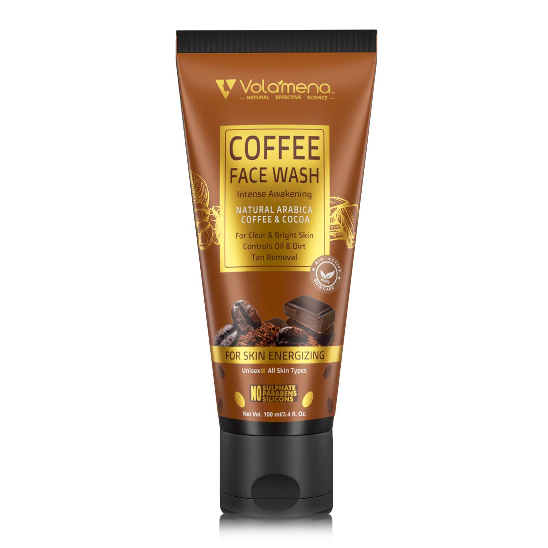 Volamena Natural Arabica Coffee & Cocoa Face Wash - Energizing Skin Cleanser 100ml for Glowing Skin - Perfect for Morning Routine & Revitalizing Tired Skin