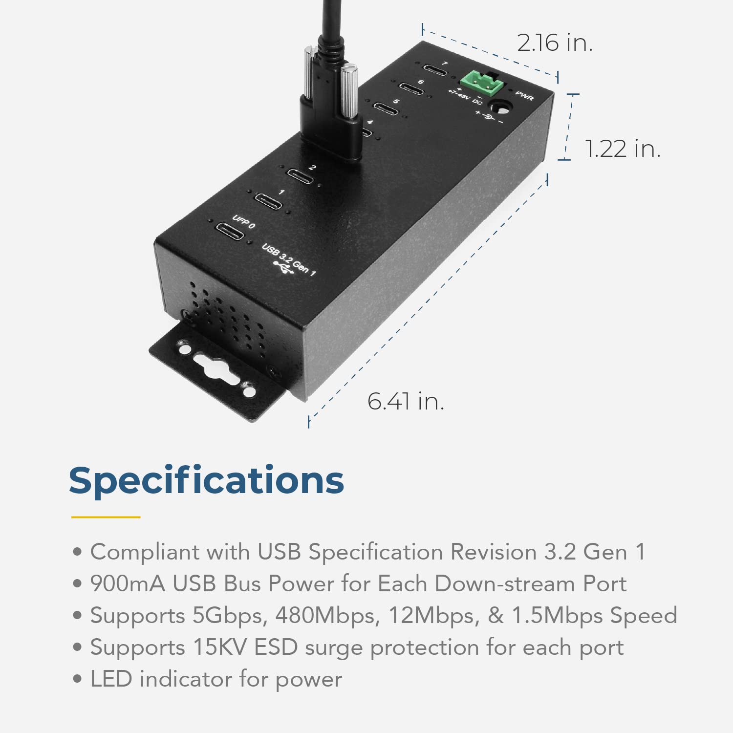 7-Port USB-C 3.2 Hub with 15KV ESD Surge Protection | DIN Rail Mount | High-Speed Data Transfer for Industrial & Office Use