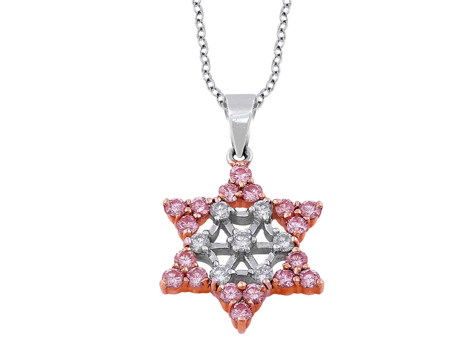 18K White Rose Gold Pink & White Diamond Star of David Pendant Necklace - Elegant Jewish Jewelry Gift for Women, Perfect for Hanukkah, Bar Mitzvah & Special Occasions
