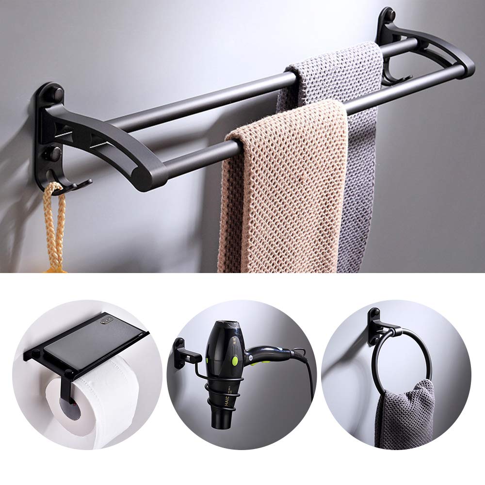 9-Piece Matte Black Bathroom Accessory Set - Wall Mounted Towel Bar with Double Rod, Towel Ring, Hair Dryer Holder, Toilet Paper Holder & Brush Holder - Modern Bathroom Organization for Home & Hotel Use