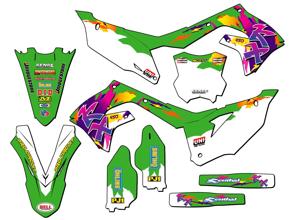 2019-2023 Kawasaki KX 450 Retro Green Senge Graphics Complete Kit - Motocross & Dirt Bike Decal Sticker Set for Off-Road Racing & Custom Bike Design