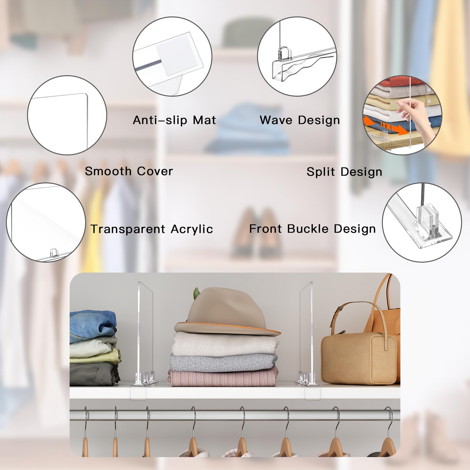 Fixwal 12-Pack Clear Acrylic Shelf Dividers - Adjustable Closet Organizers for Wardrobe, Kitchen, Office & Bathroom Storage - Perfect for Drawers, Cabinets & Shelves Organization (Home & Office Use)