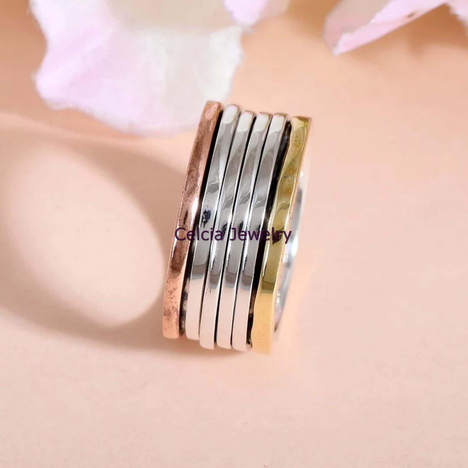 925 Sterling Silver Spinner Ring for Anxiety Relief - Three-Tone Meditation & Fidget Worry Ring for Stress Relief - Delicate Statement Jewelry (Size 7) - Perfect for Office, Travel & Daily Wear