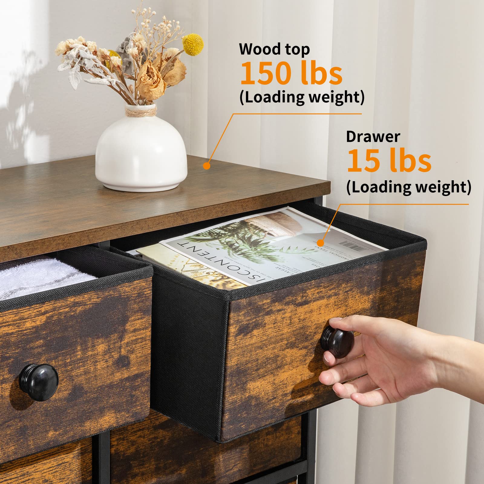 REAHOME 12-Drawer Dresser for Bedroom - Wooden Top Steel Frame Chest of Drawers, Large Capacity Storage Organizer for Living Room, Entryway & Office - Rustic Brown - Perfect for Bedroom Storage & Home Organization