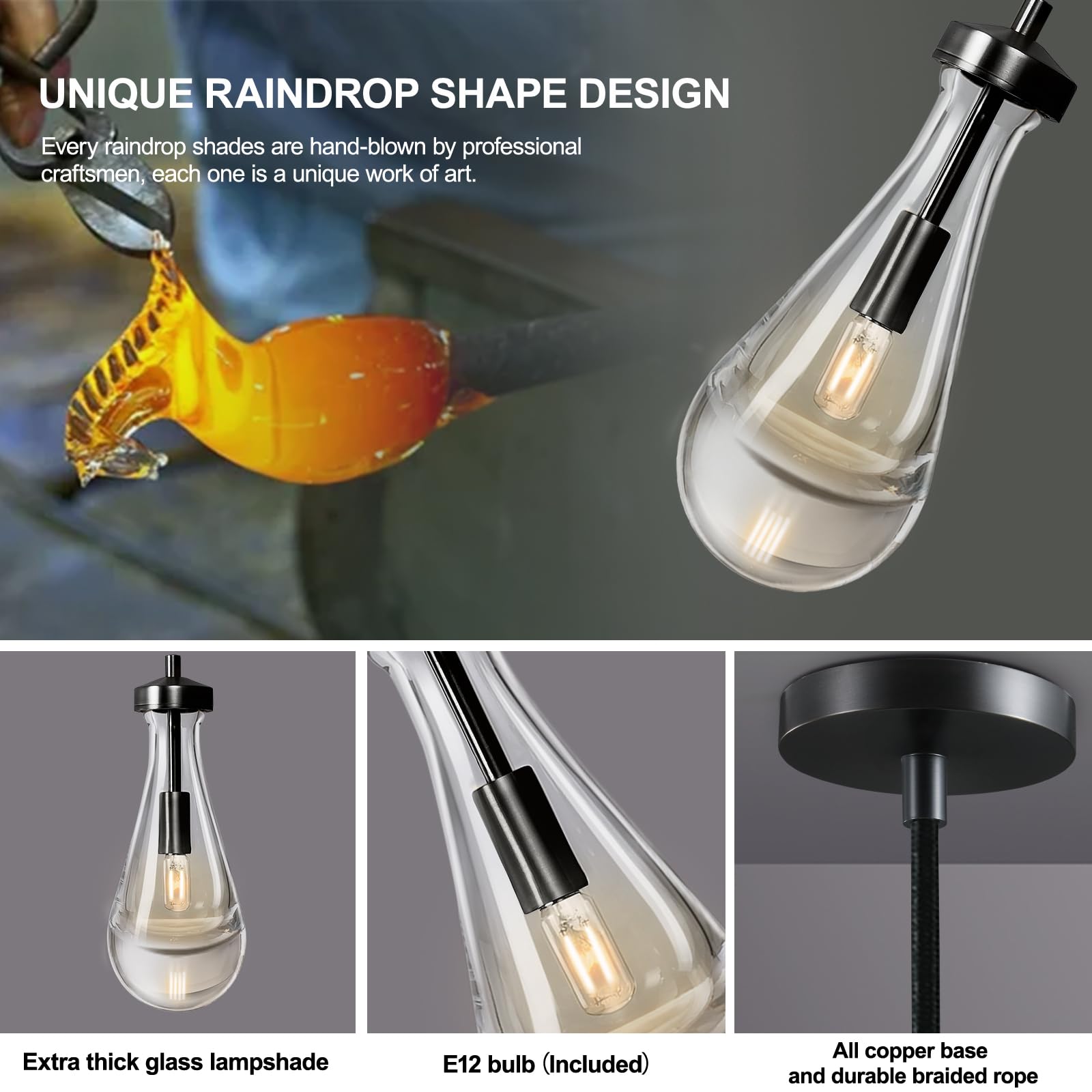 Modern Black Brass Raindrop Pendant Lights for Kitchen Island, Dining Room & Living Room - Elegant Chandelier Lighting Fixture with Included Bulb - Perfect for Home, Restaurant & Cafe Decor