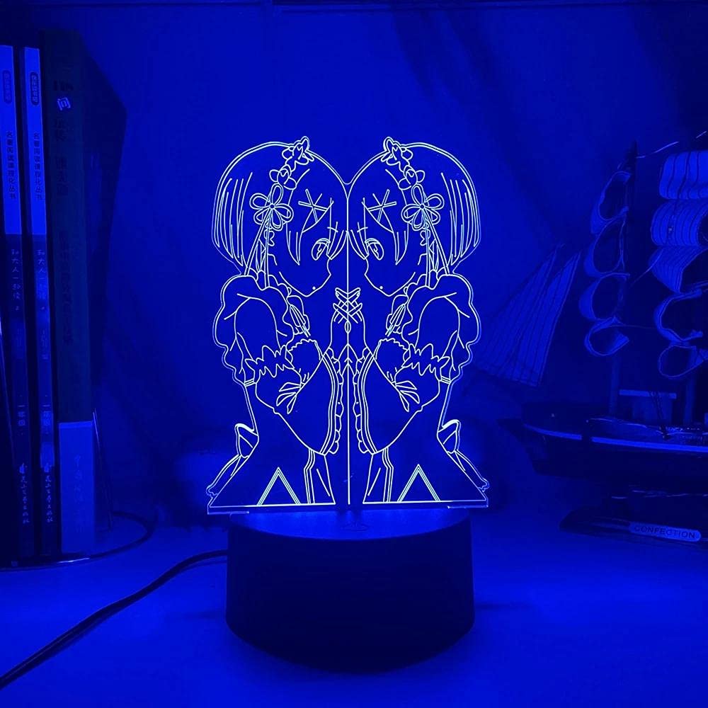 Anime 3D LED Night Light - Re:Zero Rem & Ram Character Lamp with 16 Color Changing Modes & Remote Control | Perfect for Bedroom Decor, Birthday Gifts & Anime Fan Collections