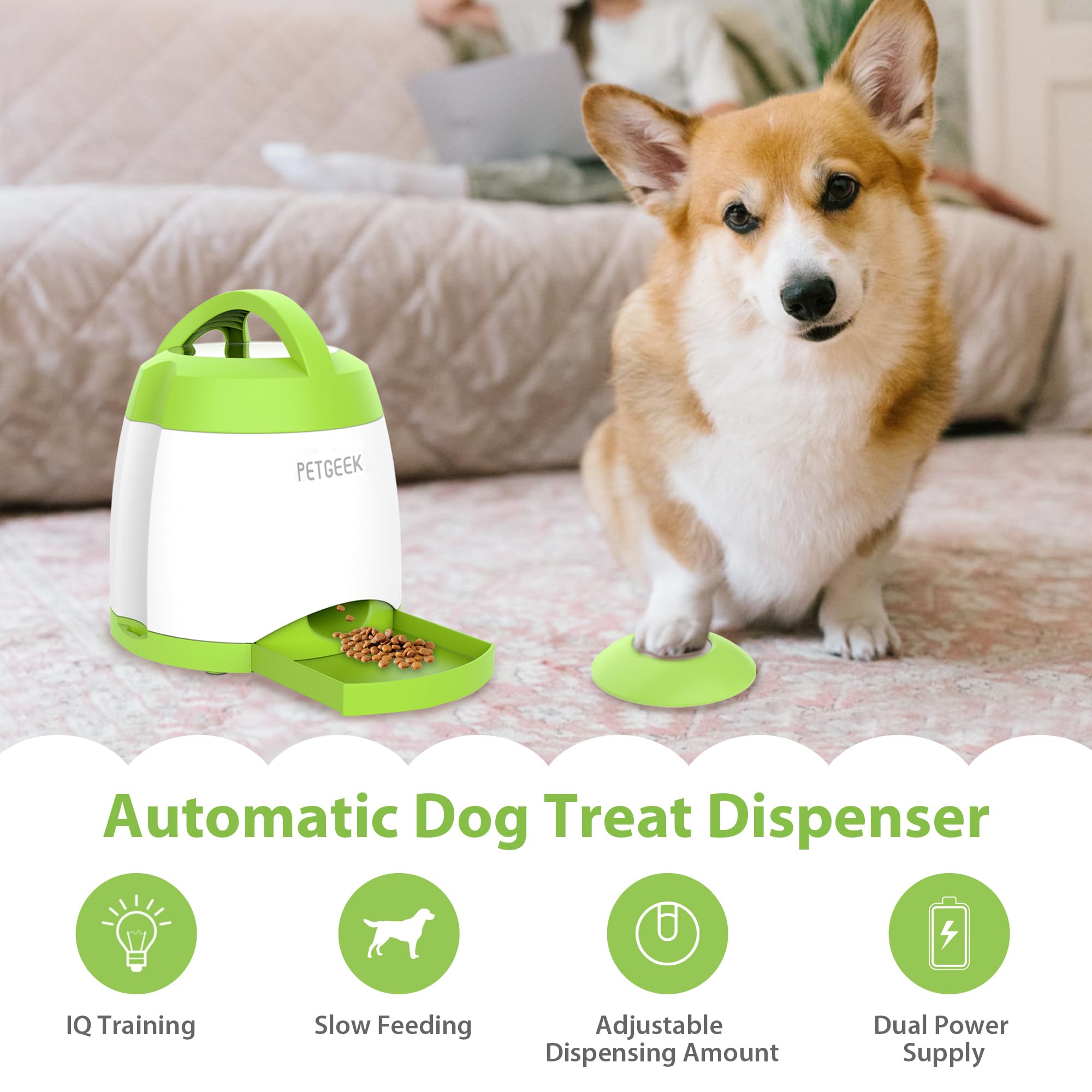 PETGEEK Automatic Dog Treat Dispenser - Interactive IQ Training Toy with Remote Control, Electronic Puzzle Feeder for Dogs, Dual Power Supply (Green) - Perfect for Boredom Relief & Mental Stimulation at Home or Travel