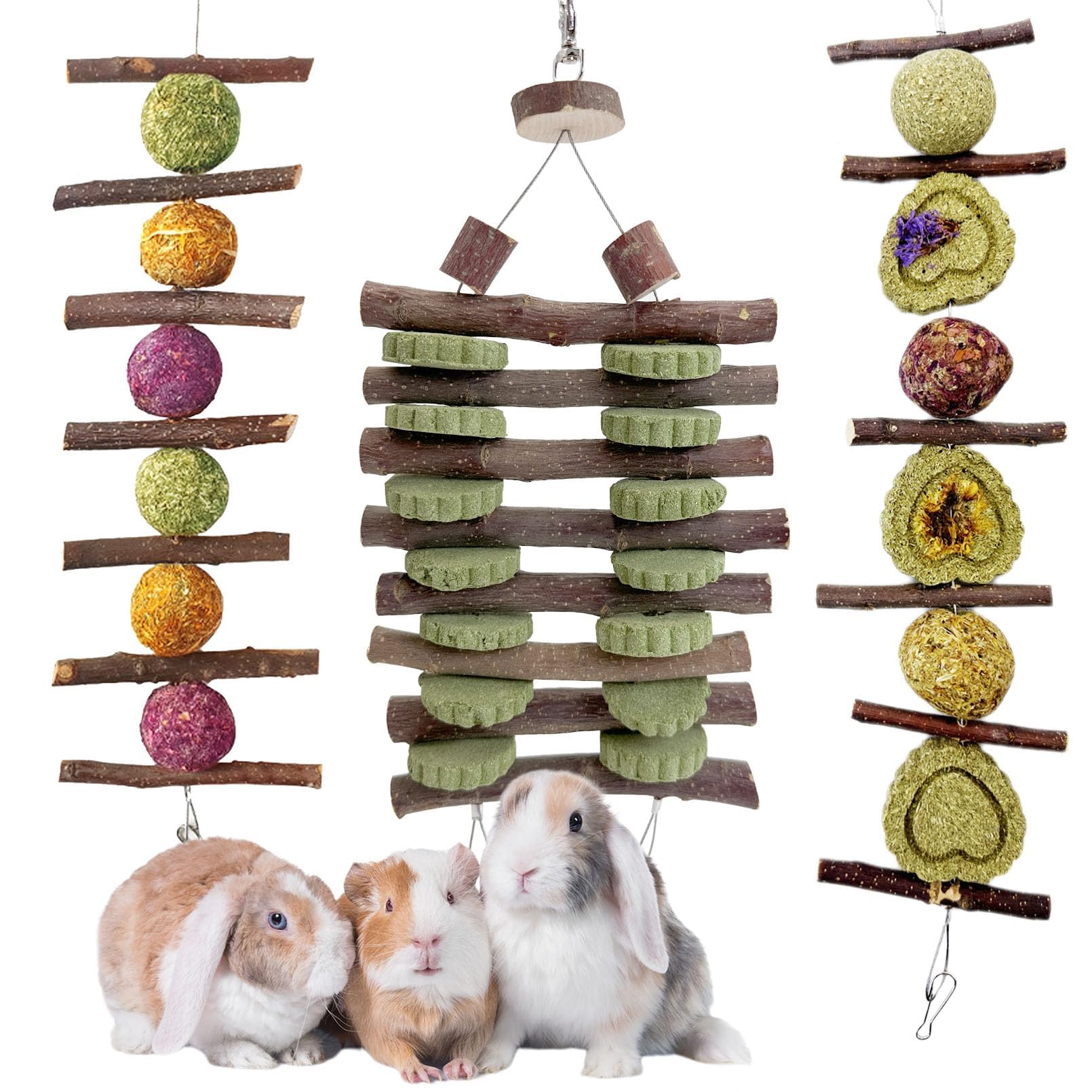 Hamiledyi Natural Bunny Chew Toys for Rabbits - Timothy Grass & Fruit Sticks Dental Treats for Guinea Pigs, Hamsters, Chinchillas - Hanging Teeth Grinding Toys for Small Pets - Perfect for Cage Enrichment and Dental Health Care