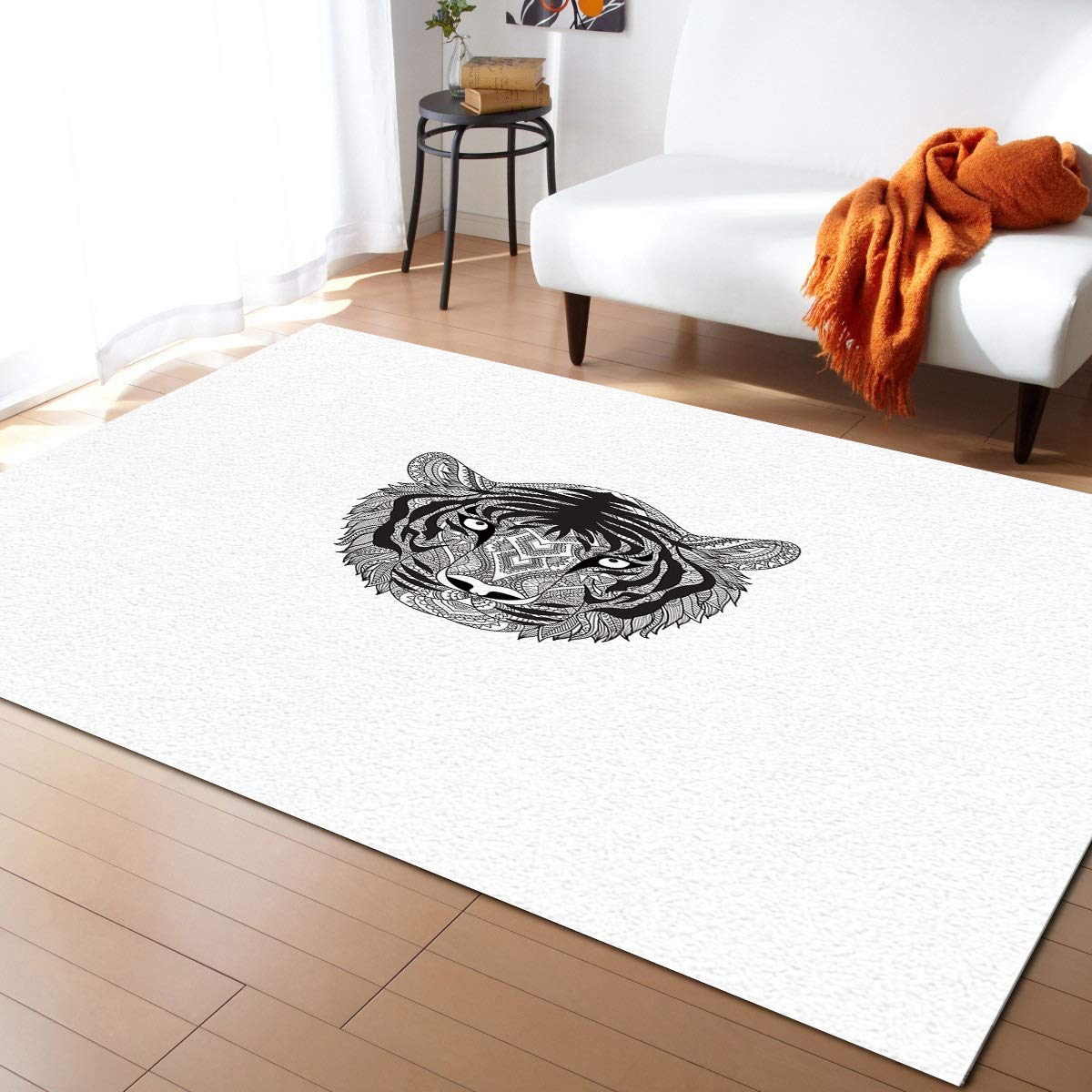 ARTSHOWING Tiger Head Pattern Area Rug - 5' x 8' Non-Slip Durable Floor Carpet for Living Room, Bedroom & Kids Room - Black White Ethnic Design Decorative Rug - Perfect for Home Decor, Pet-Friendly Spaces & Cozy Interior Styling